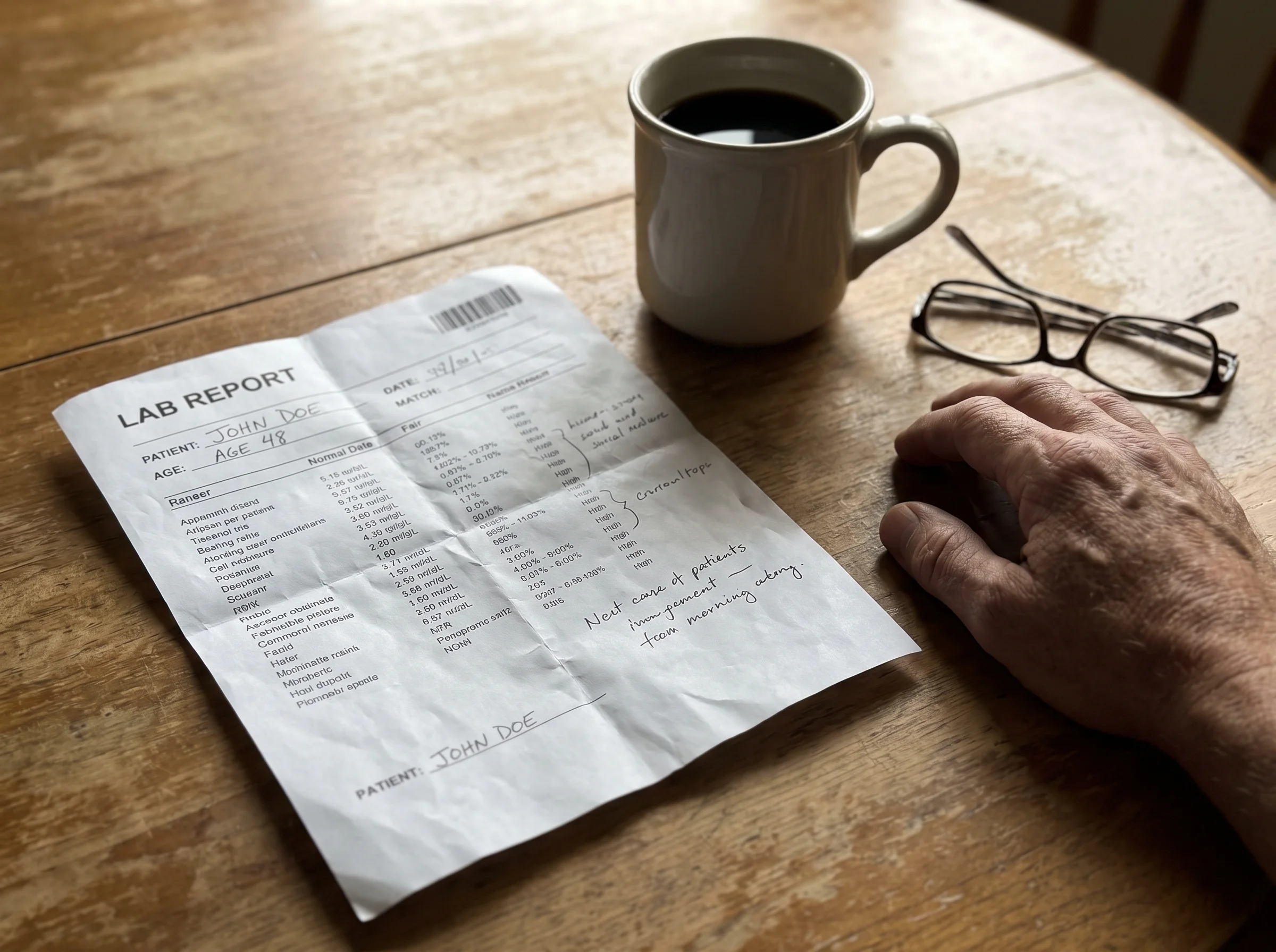 A close-up of a doctor's paper lab report on a kitchen table, coffee cup and reading glasses beside it, a man's blurred hand 