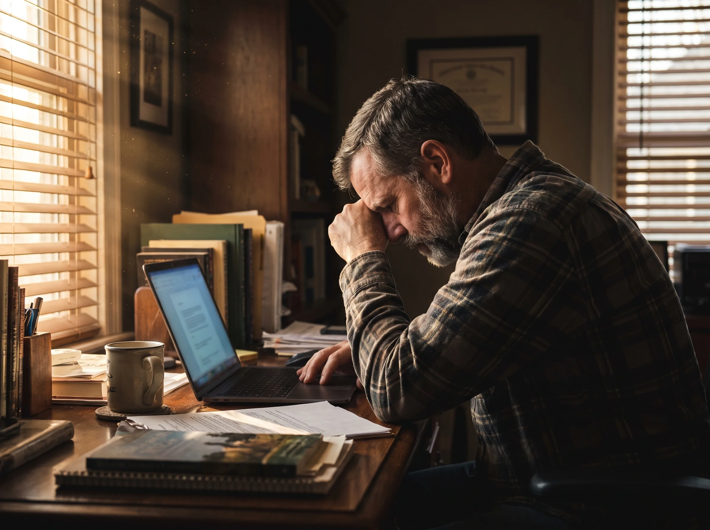A man in his early 50s slumped forward at a home office desk, forehead on his forearm, laptop glowing in front of him, late a
