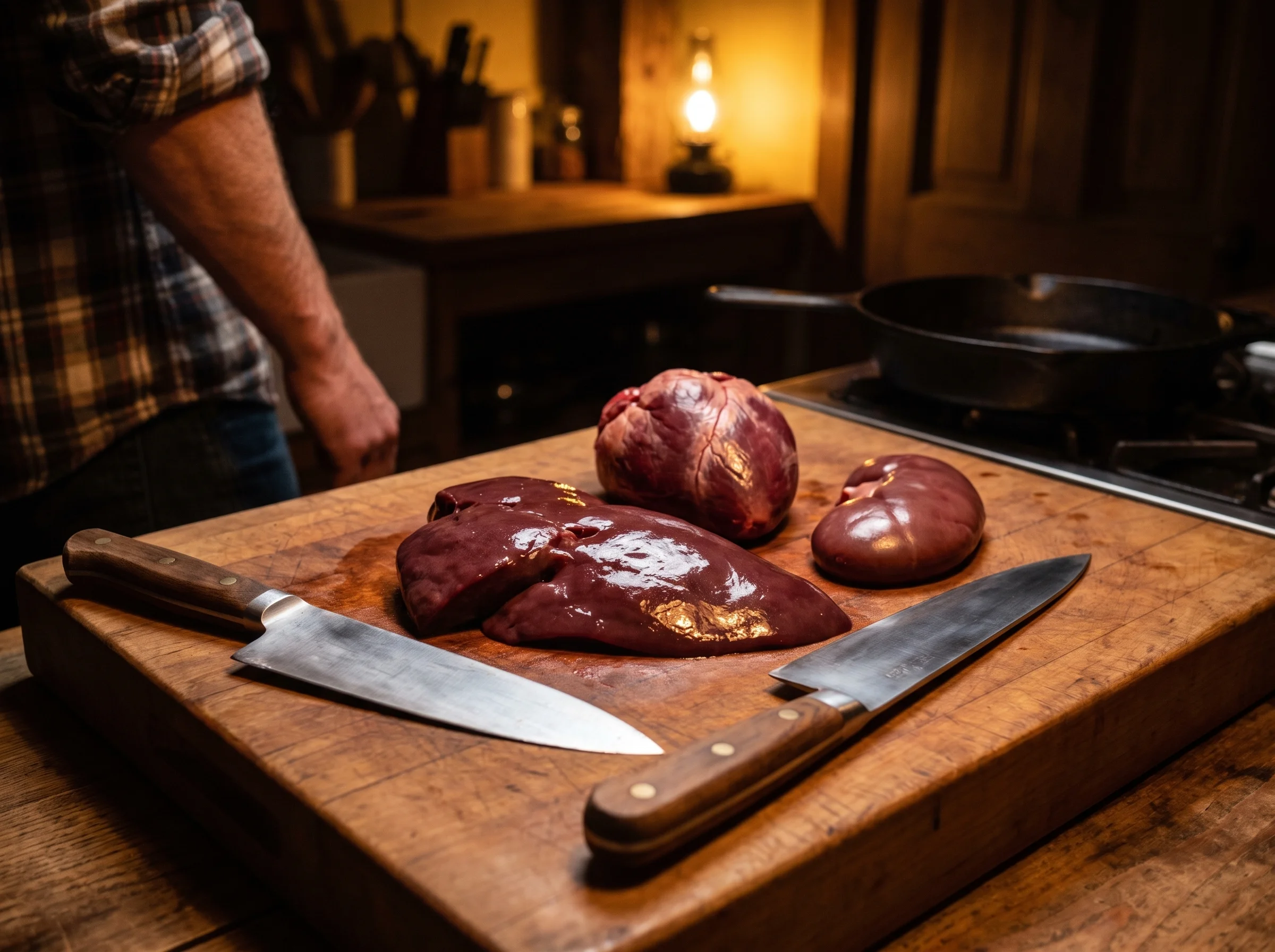 A raw beef liver, heart, and kidney arranged on a wooden butcher block, dark and glistening under warm kitchen light. A chef'