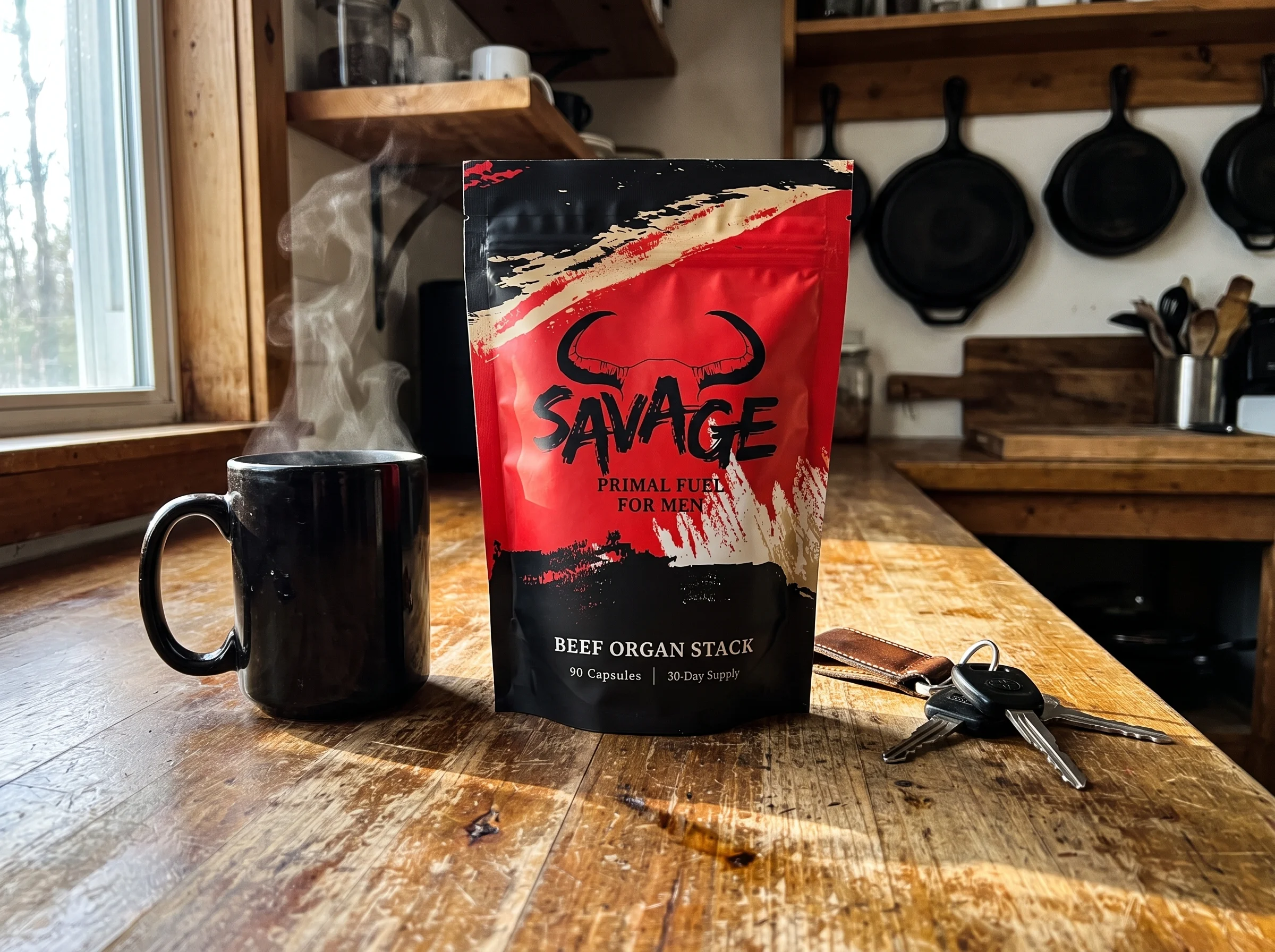 The Savage Beef Organ Stack pouch, a red and black stand-up pouch with a bull-horn logo and the words BEEF ORGAN STACK, sitti