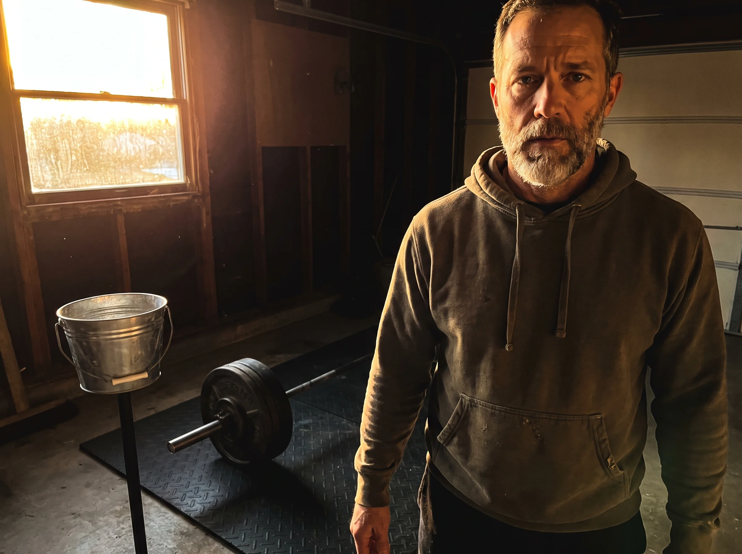 A man in his early 50s walking into a home gym at dawn, chalk bucket and a loaded barbell in the background, eyes open and fo