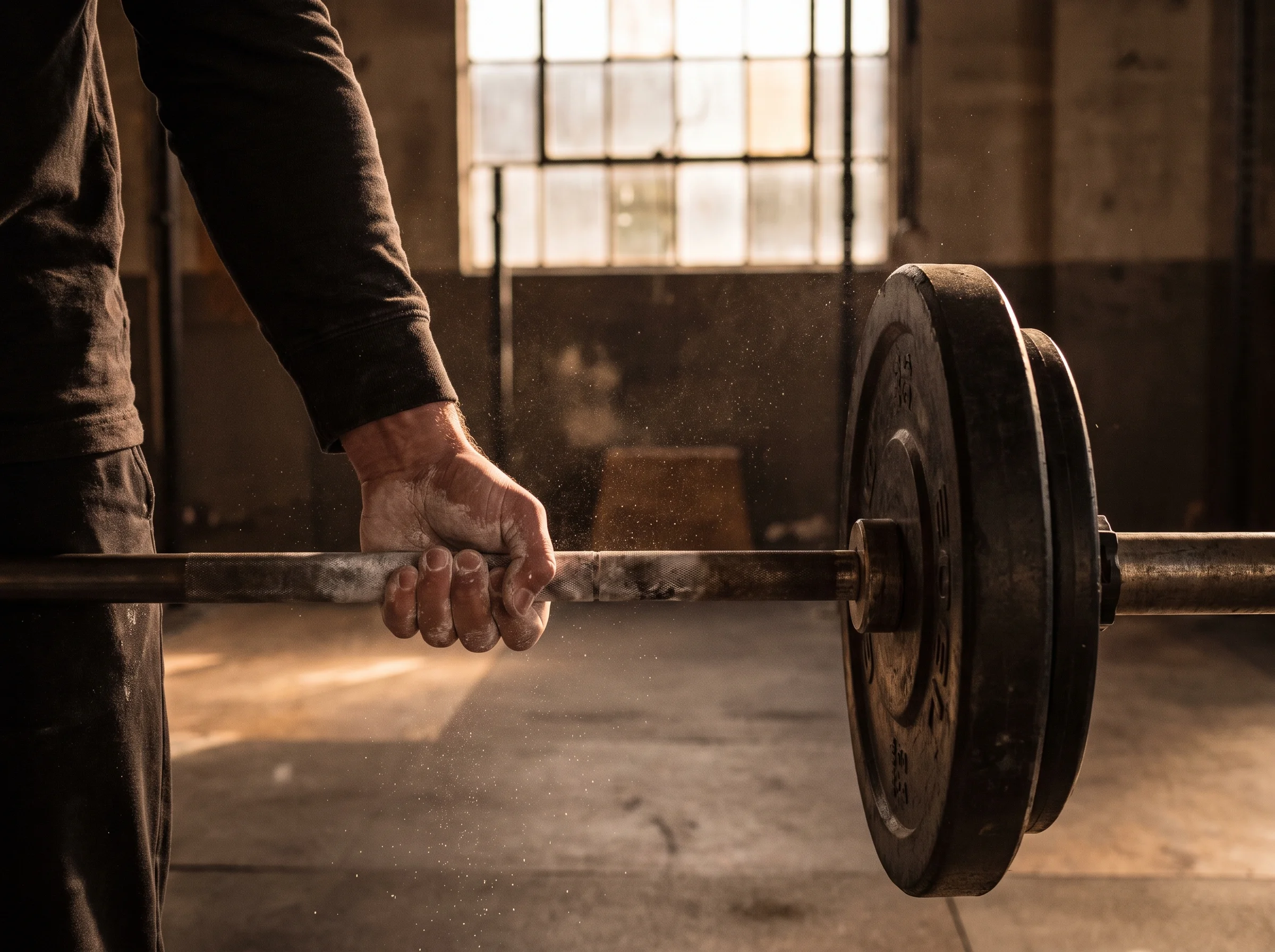 A close-up of a man's hand gripping a barbell on a gym floor, chalk dust in the air, morning light coming through a warehouse