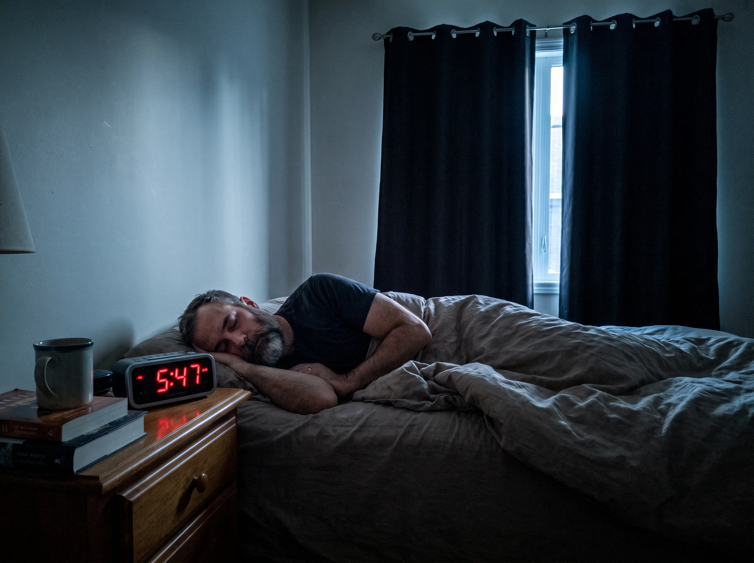 A man in his early 50s asleep in a dark bedroom, alarm clock on the nightstand reading 5:47am, blackout curtains half drawn, 
