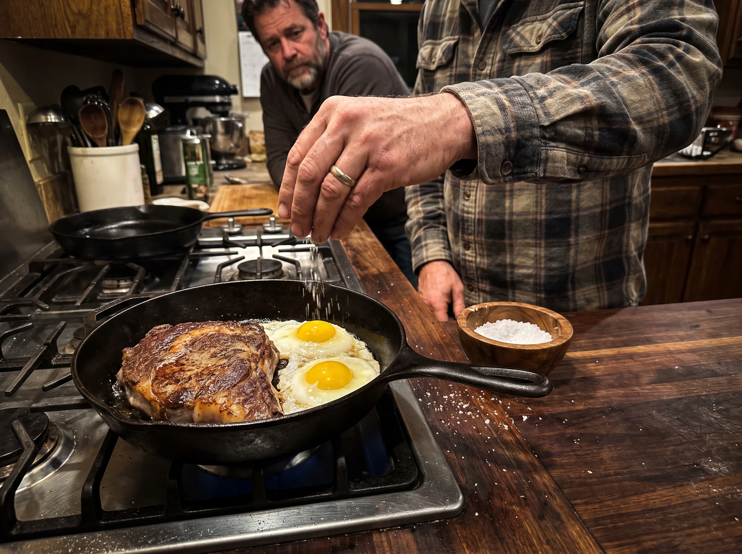 A cast iron pan on a stovetop with a thick ribeye steak searing, two whole eggs cracked into the pan next to it, coarse salt 