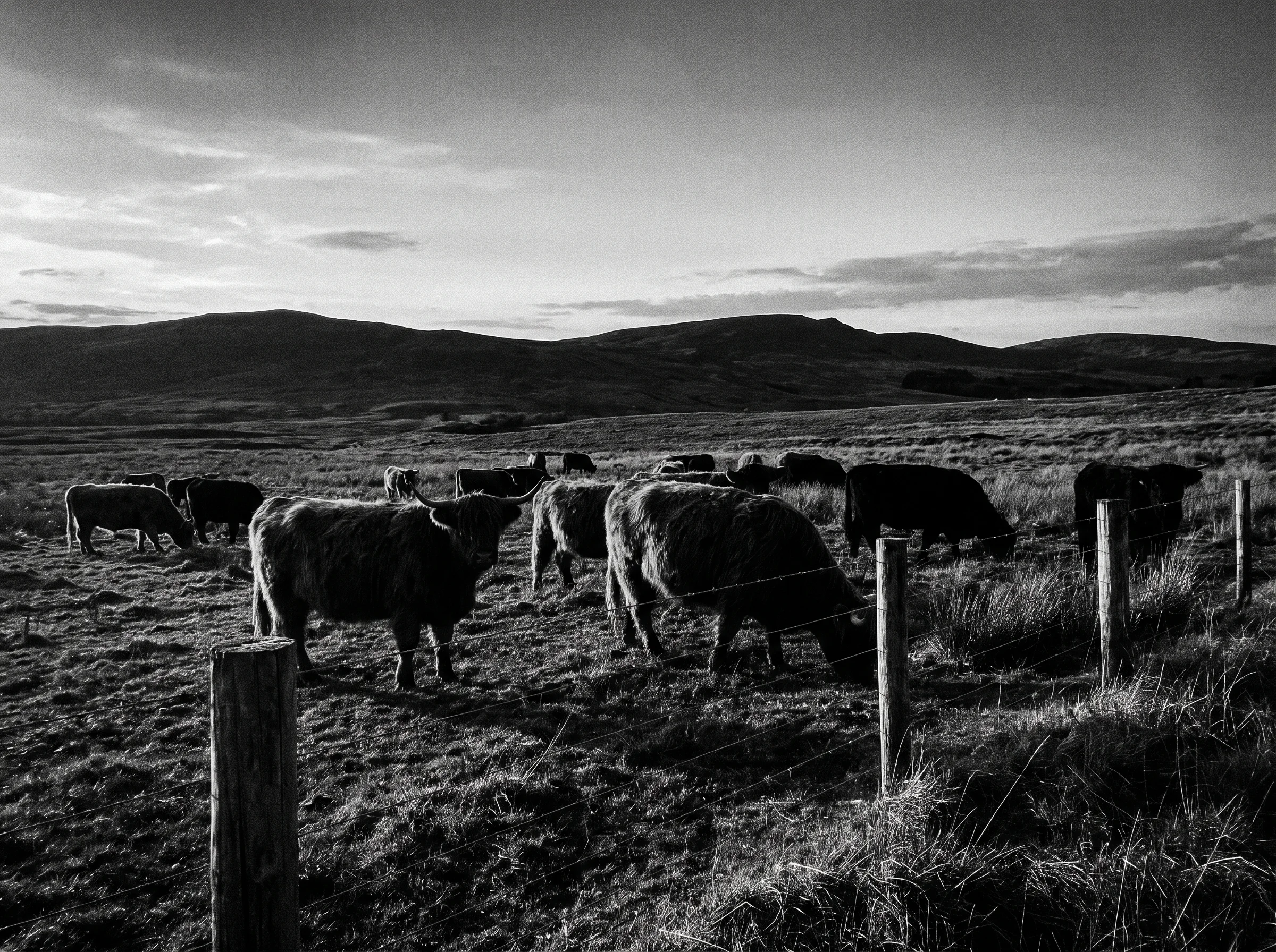 A black and white style shot of grass-fed cattle grazing on an open pasture at golden hour, rolling hills in the background, 