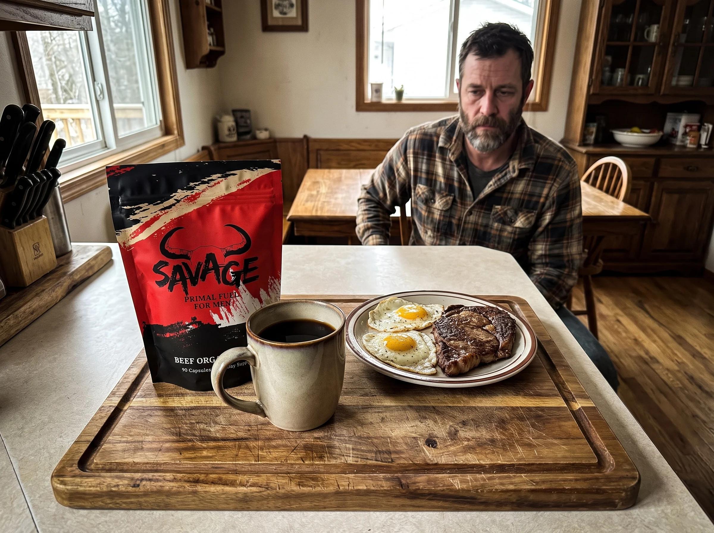 A red and black Savage Beef Organ Stack pouch with a bull-horn logo and the words BEEF ORGAN STACK sitting on a wood cutting 