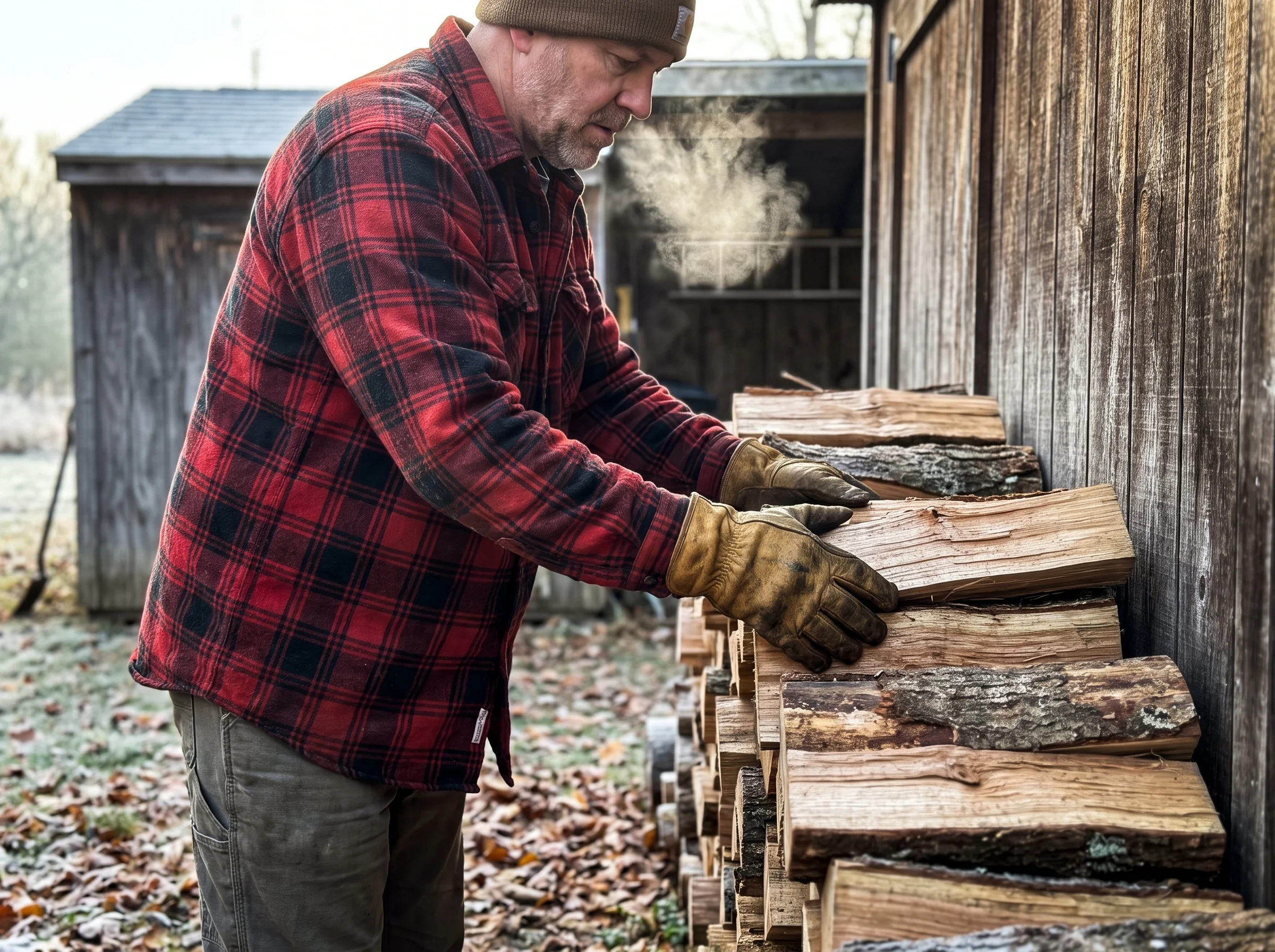 A man in his early 50s in a flannel and work gloves stacking split firewood against a wood shed on a cool fall morning, breat