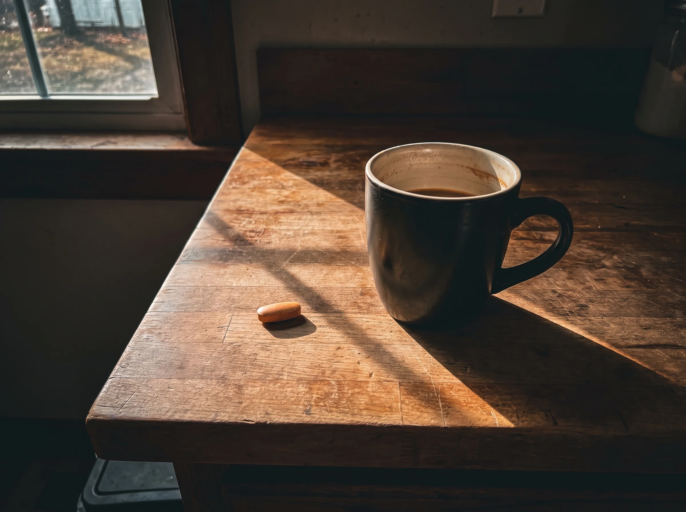 A single generic orange multivitamin tablet sitting alone on a rustic wood counter next to a half-empty ceramic coffee mug, h