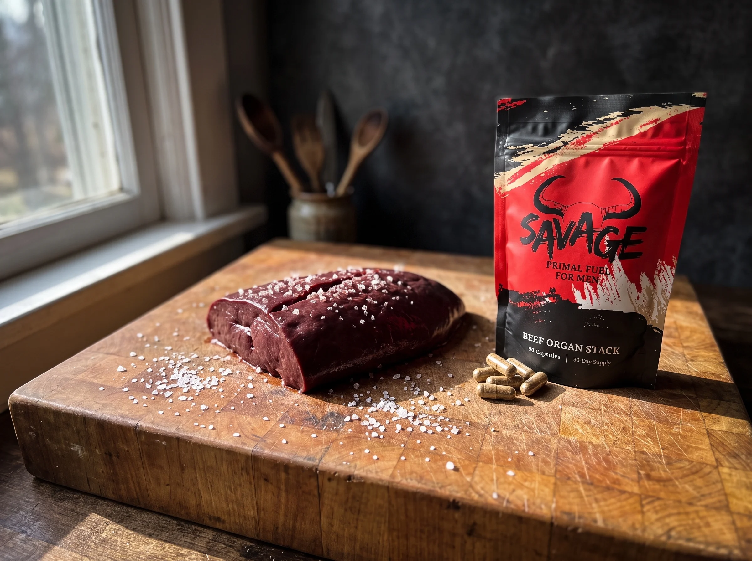 Raw beef liver on a wooden butcher block, deep burgundy color, coarse salt scattered around it, natural window light, earthy 