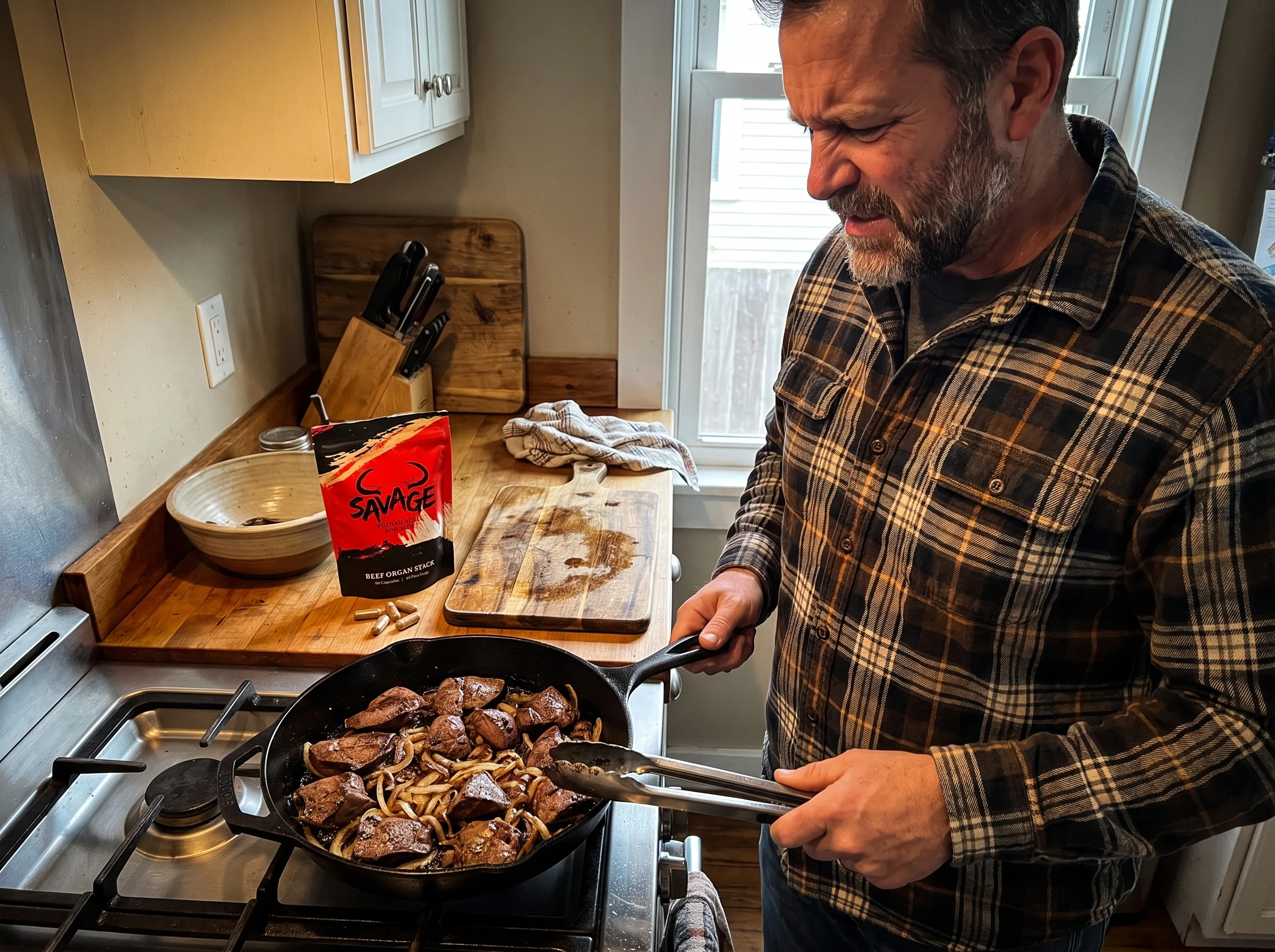 A middle-aged man in a flannel shirt standing at a home gas stovetop looking down with mild distaste at a cast iron skillet o