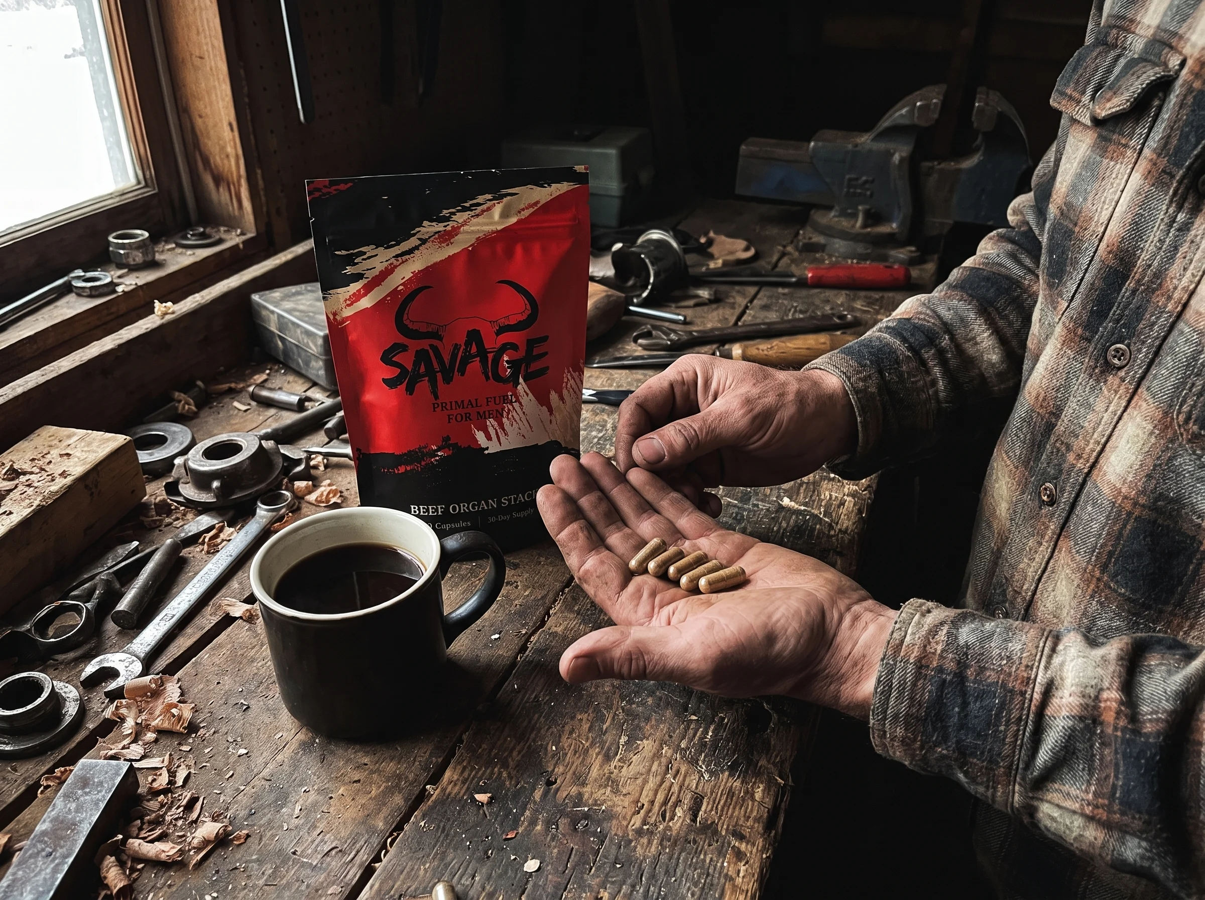 A weathered pair of hands over a rugged workshop bench, several tan-brown capsules resting in one open palm, the Savage Beef 