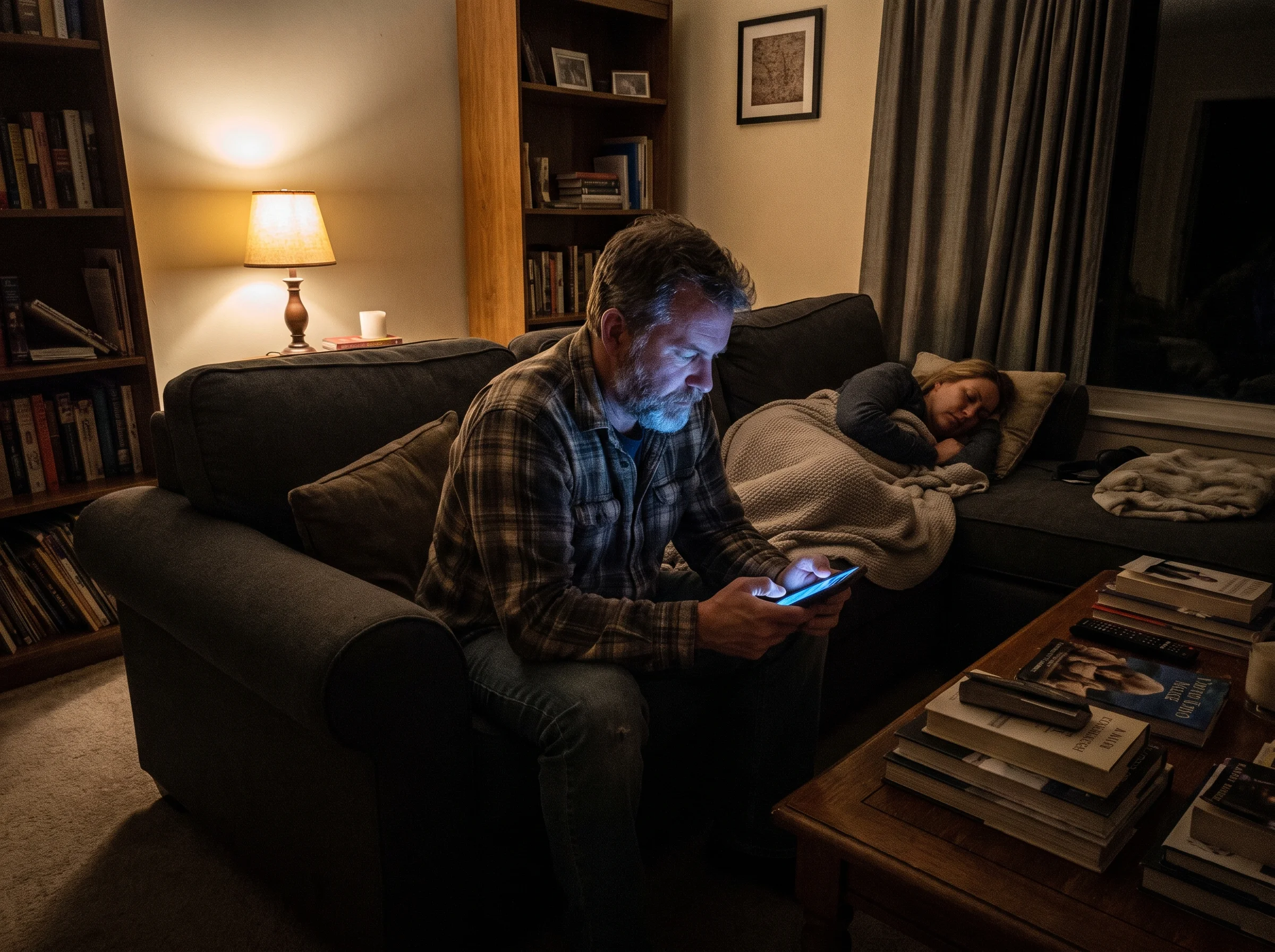 A middle-aged man sitting on the edge of a couch at night, phone in hand, screen glowing on his face, wife asleep on the othe