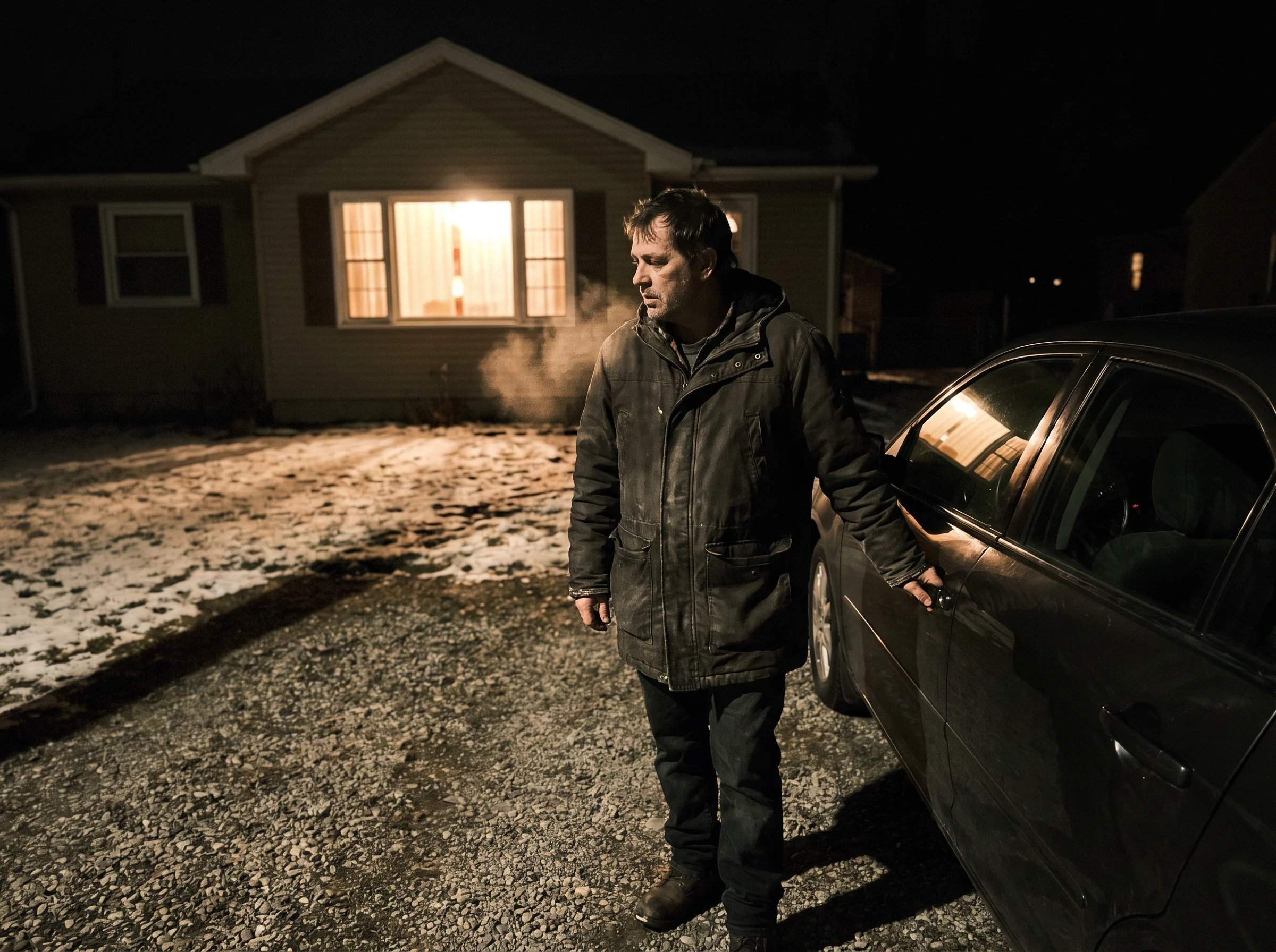 A man in his early 50s standing in his driveway in the dark, hand on the car door, looking at the lit front window of his hou