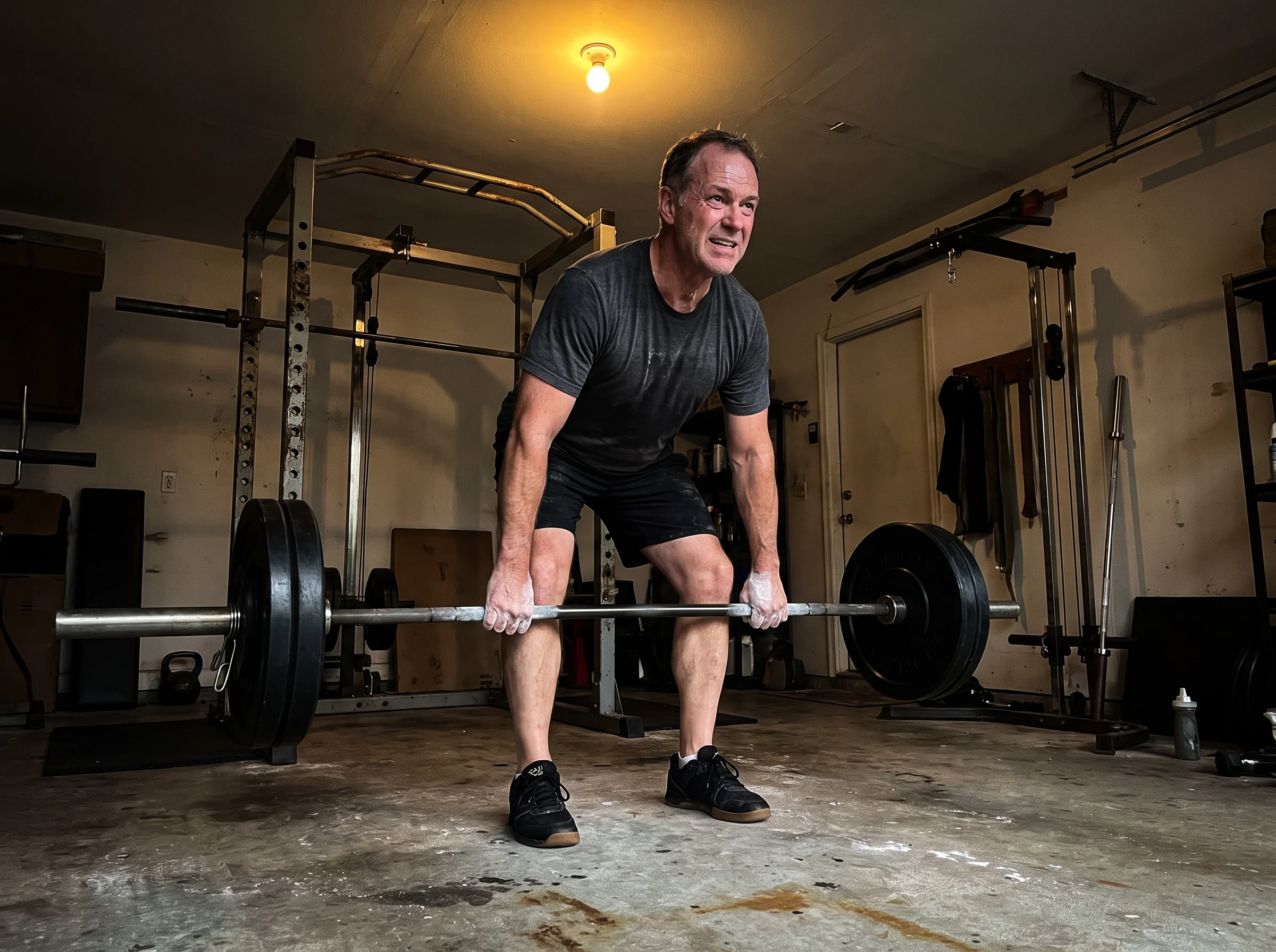 A 50-something man in a plain garage gym, chalk on his hands, mid-set with a loaded barbell. Concrete floor, worn rack, singl