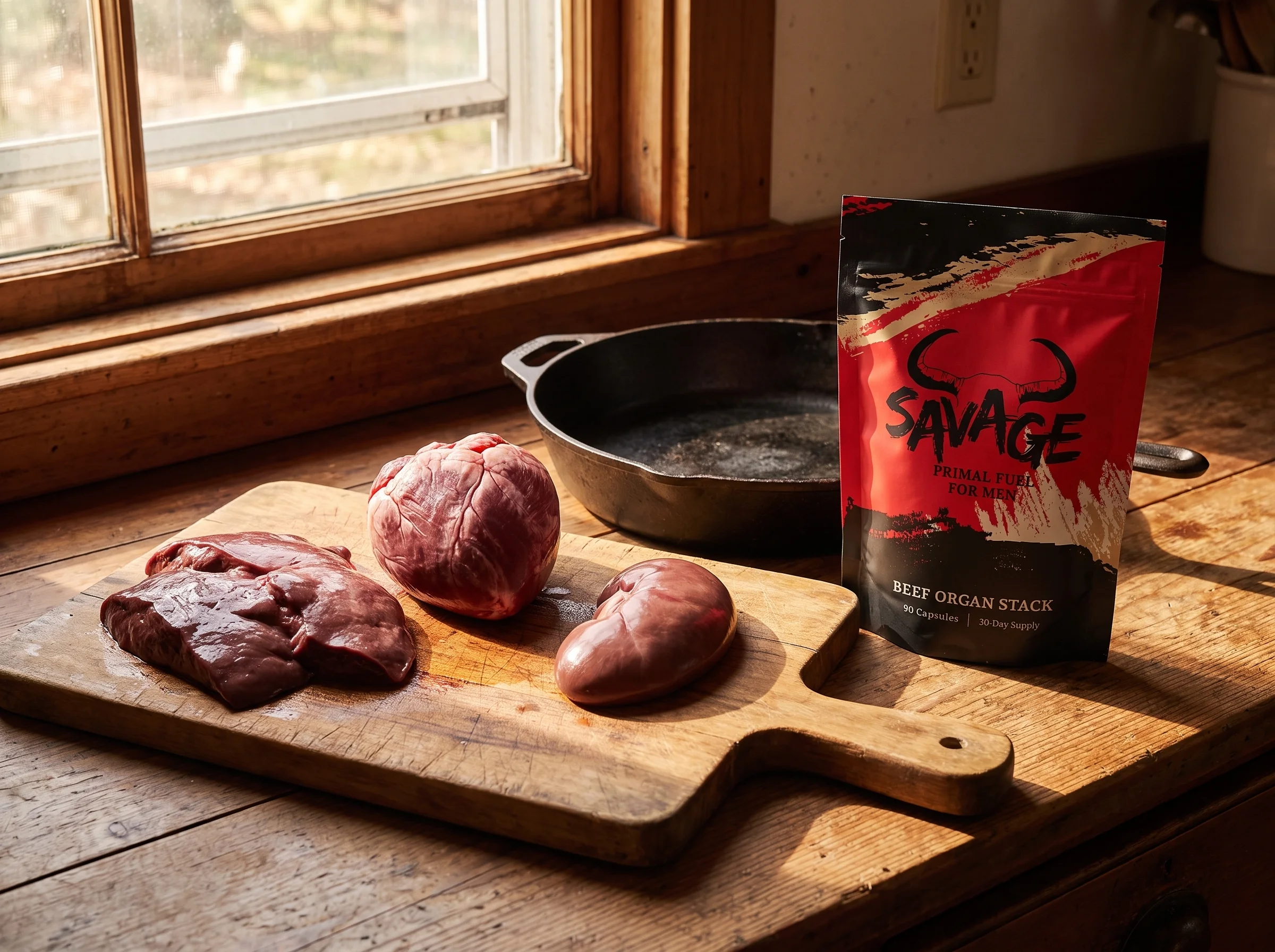 A cutting board on a wood kitchen counter with raw beef liver, heart, and kidney arranged next to a cast-iron pan and a red a
