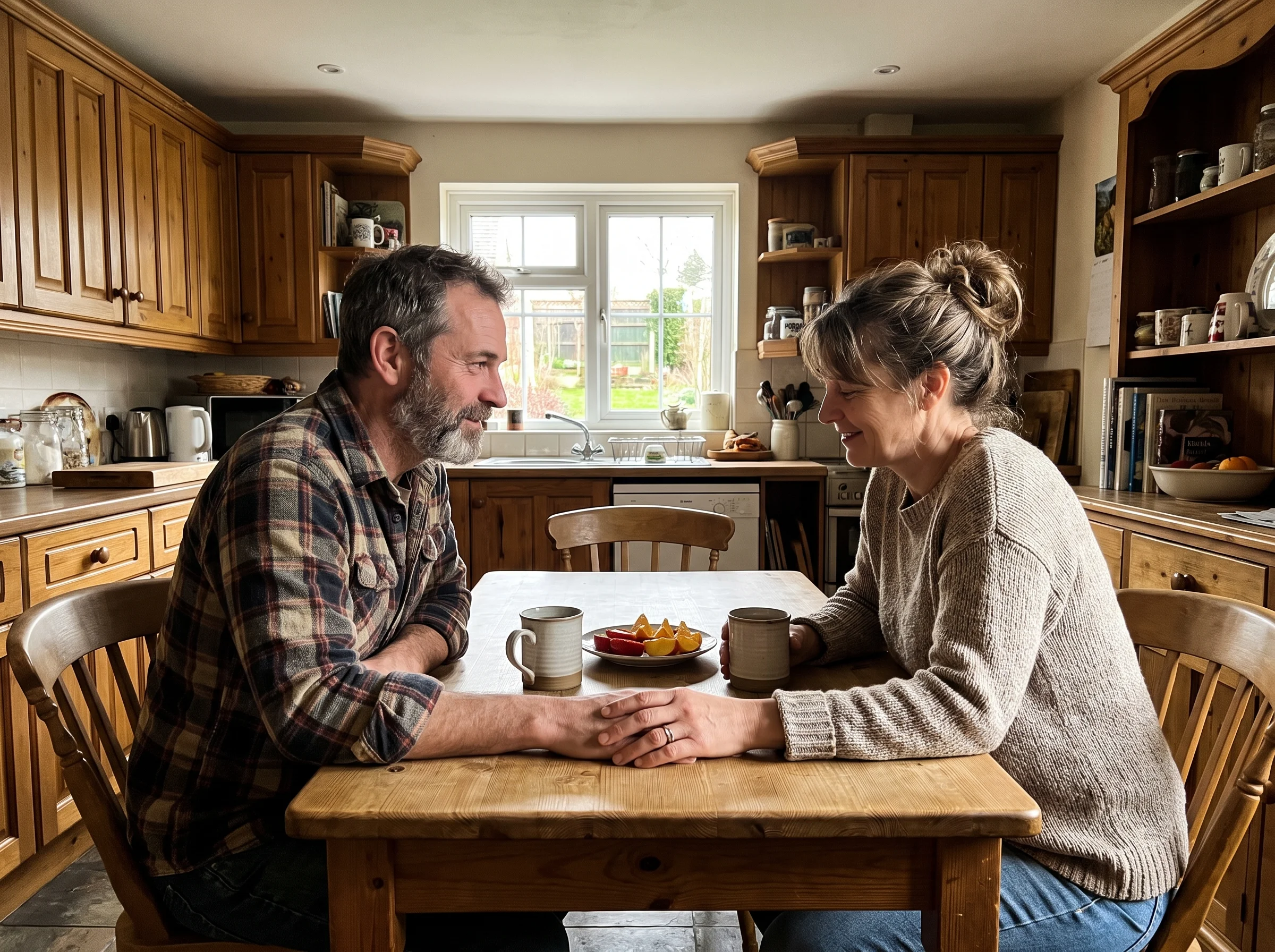 A husband and wife in their early 50s sitting at the same kitchen table in morning light, coffee mugs between them, mid-conve