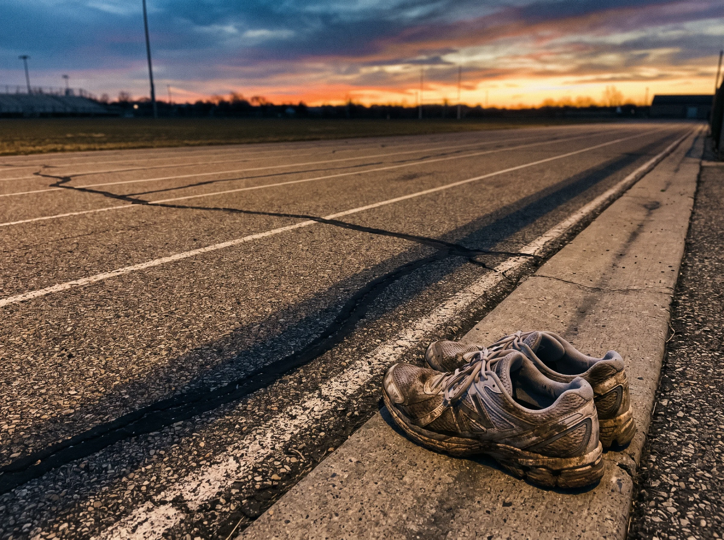 A cracked, sun-bleached asphalt running track at dawn, empty, with a pair of worn running shoes sitting on the curb. Heavy sh