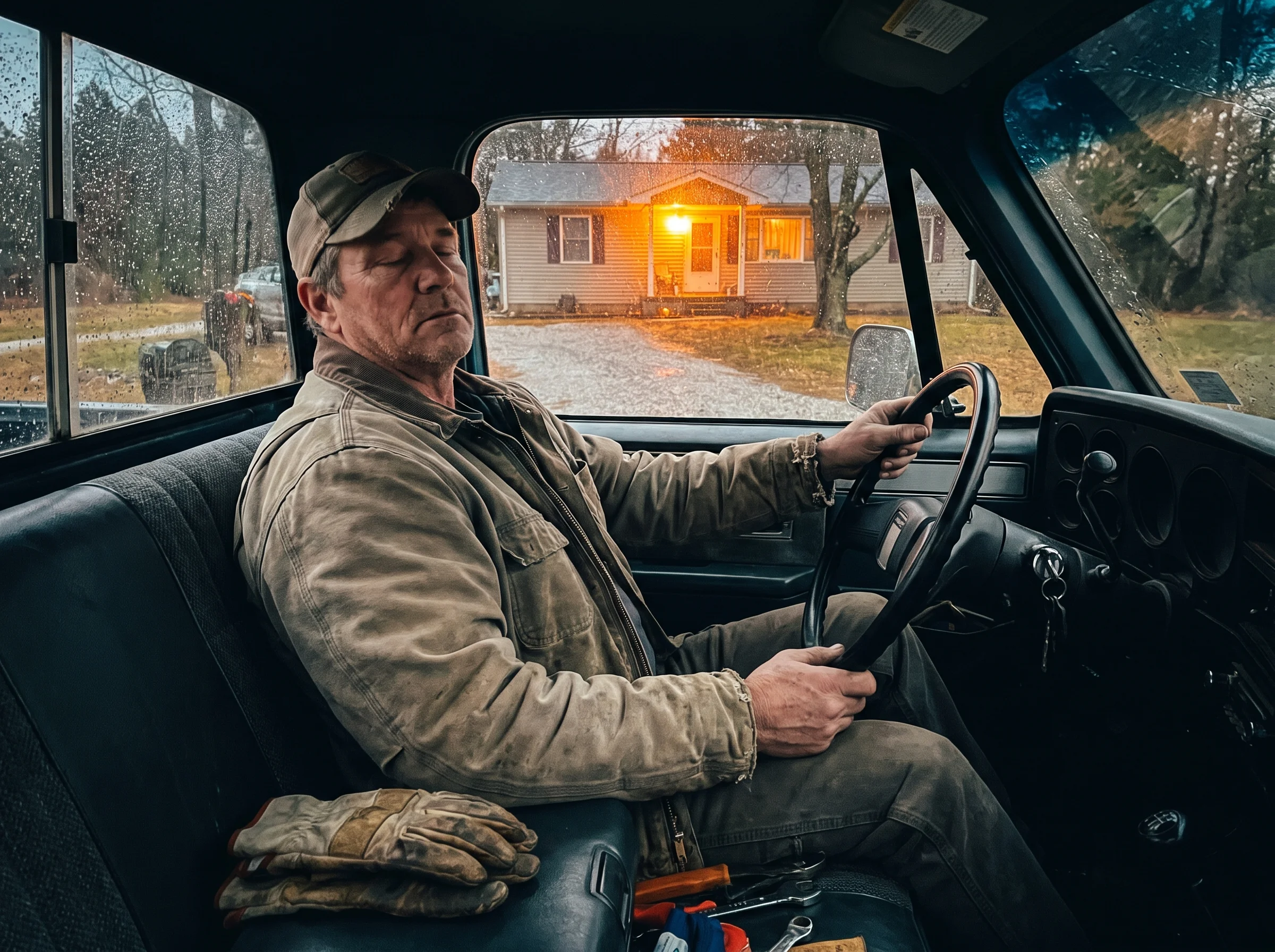 A middle-aged man sitting in the driver's seat of a parked pickup truck in his own driveway at dusk, engine off, hands still 