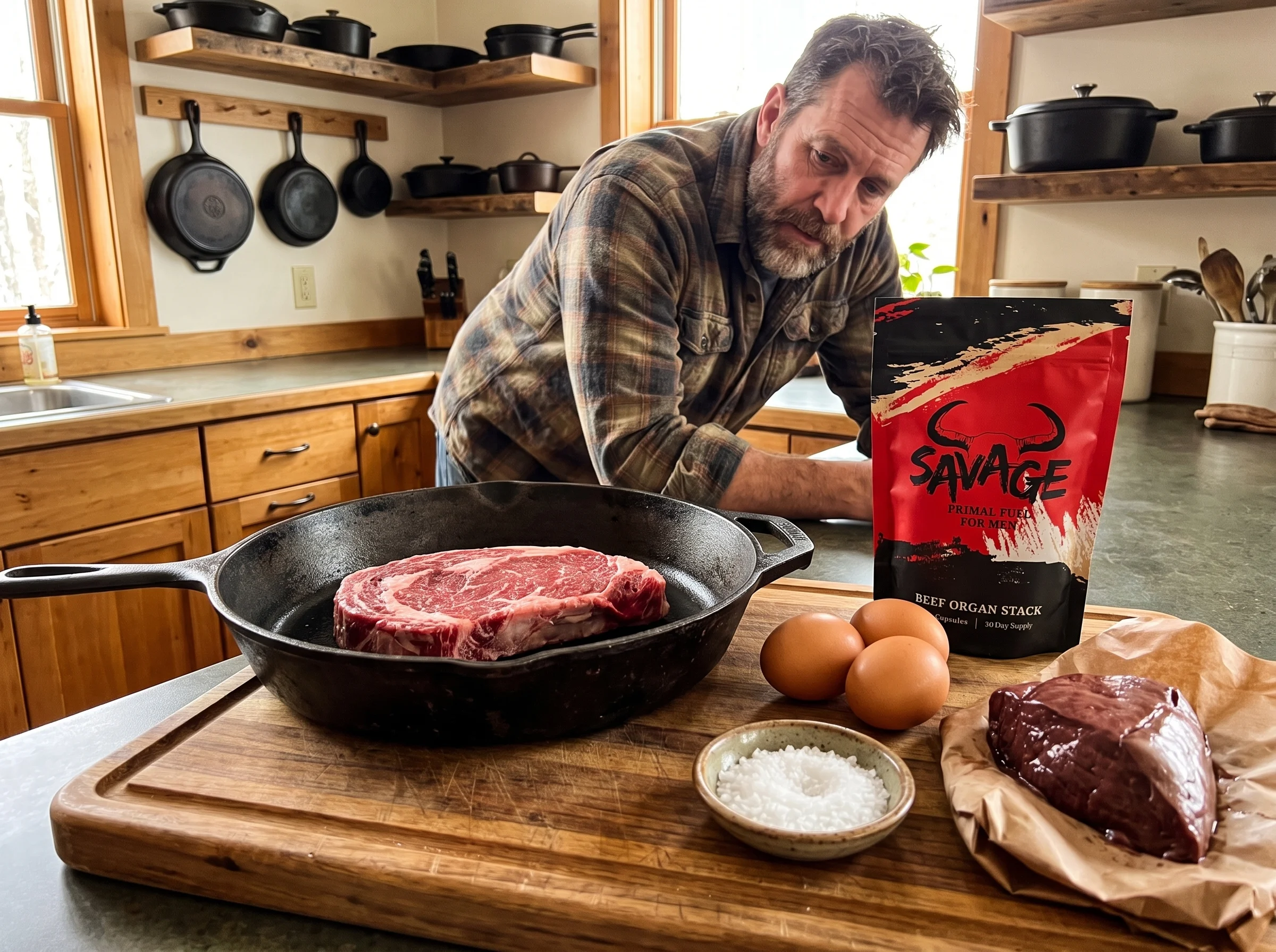 A cast iron skillet on a wood cutting board holding a raw ribeye steak, three whole eggs still in shells beside it, a small b