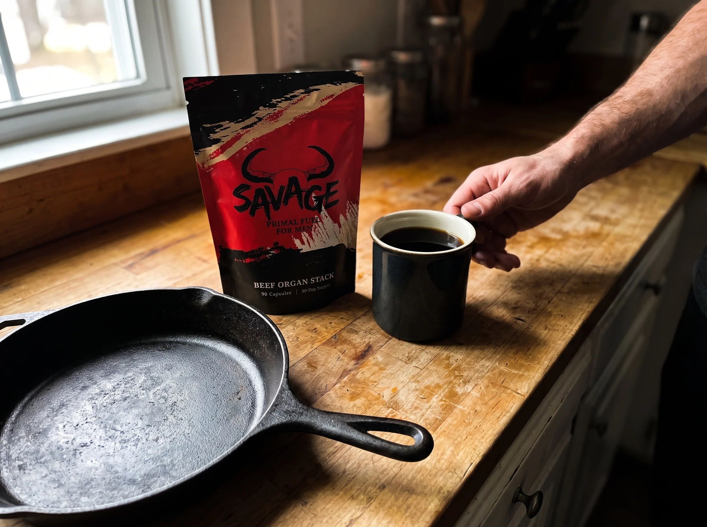 The Savage Beef Organ Stack pouch, a red and black stand-up pouch with a bull-horn logo, sitting on a kitchen counter next to