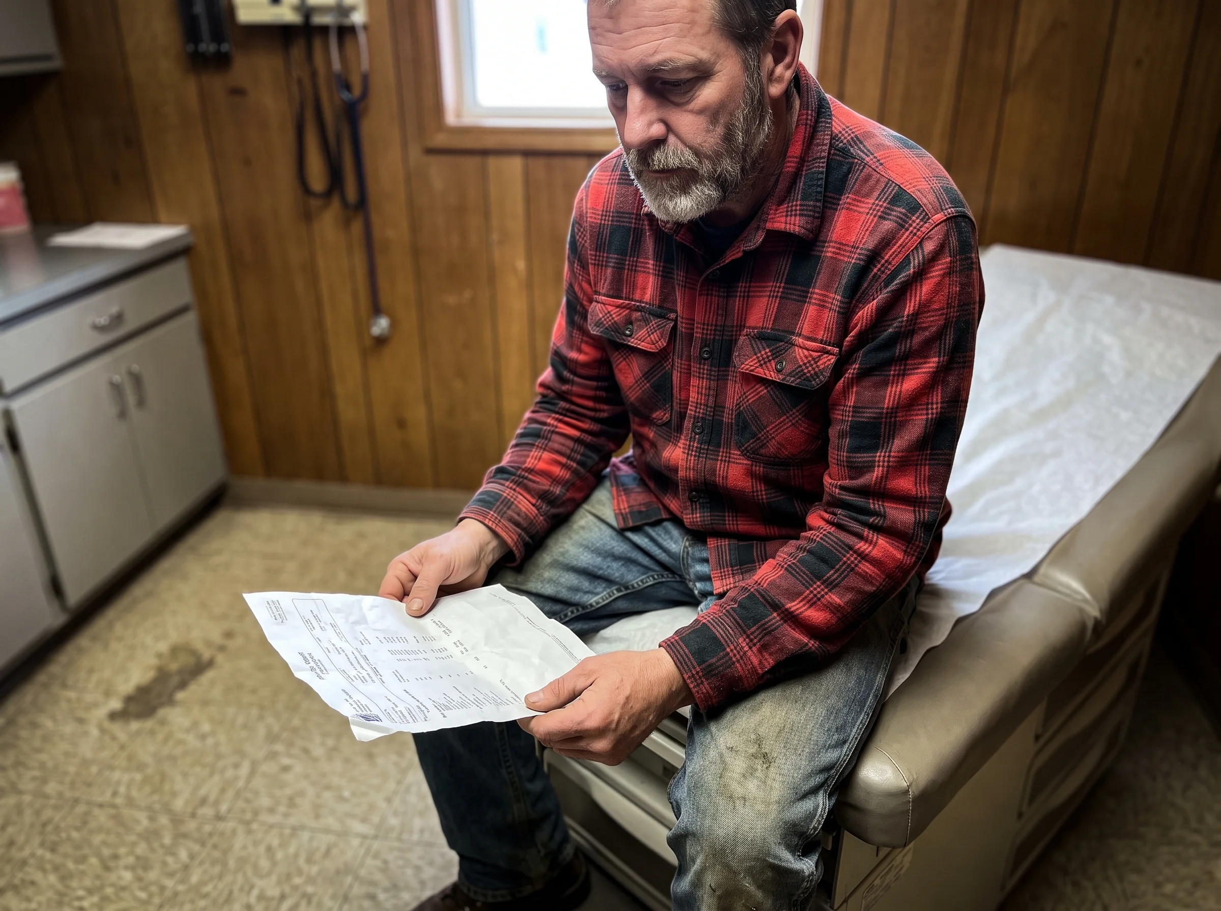 a middle-aged man in a plaid shirt sitting on the exam table in a doctor's office, holding a printed lab report, expression f