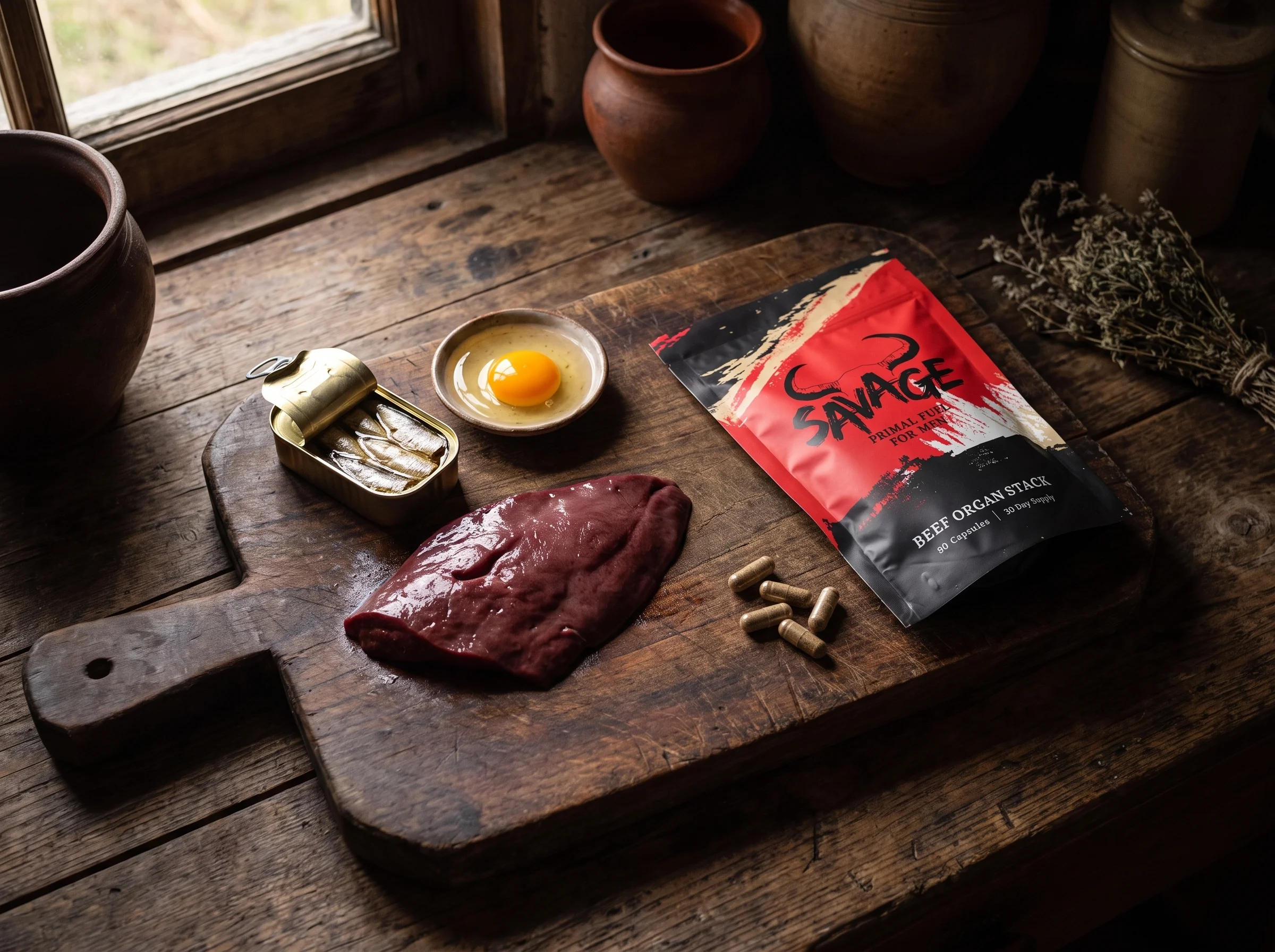 overhead shot on a dark wood cutting board of raw beef liver, a whole egg with a deep orange yolk cracked into a small dish, 