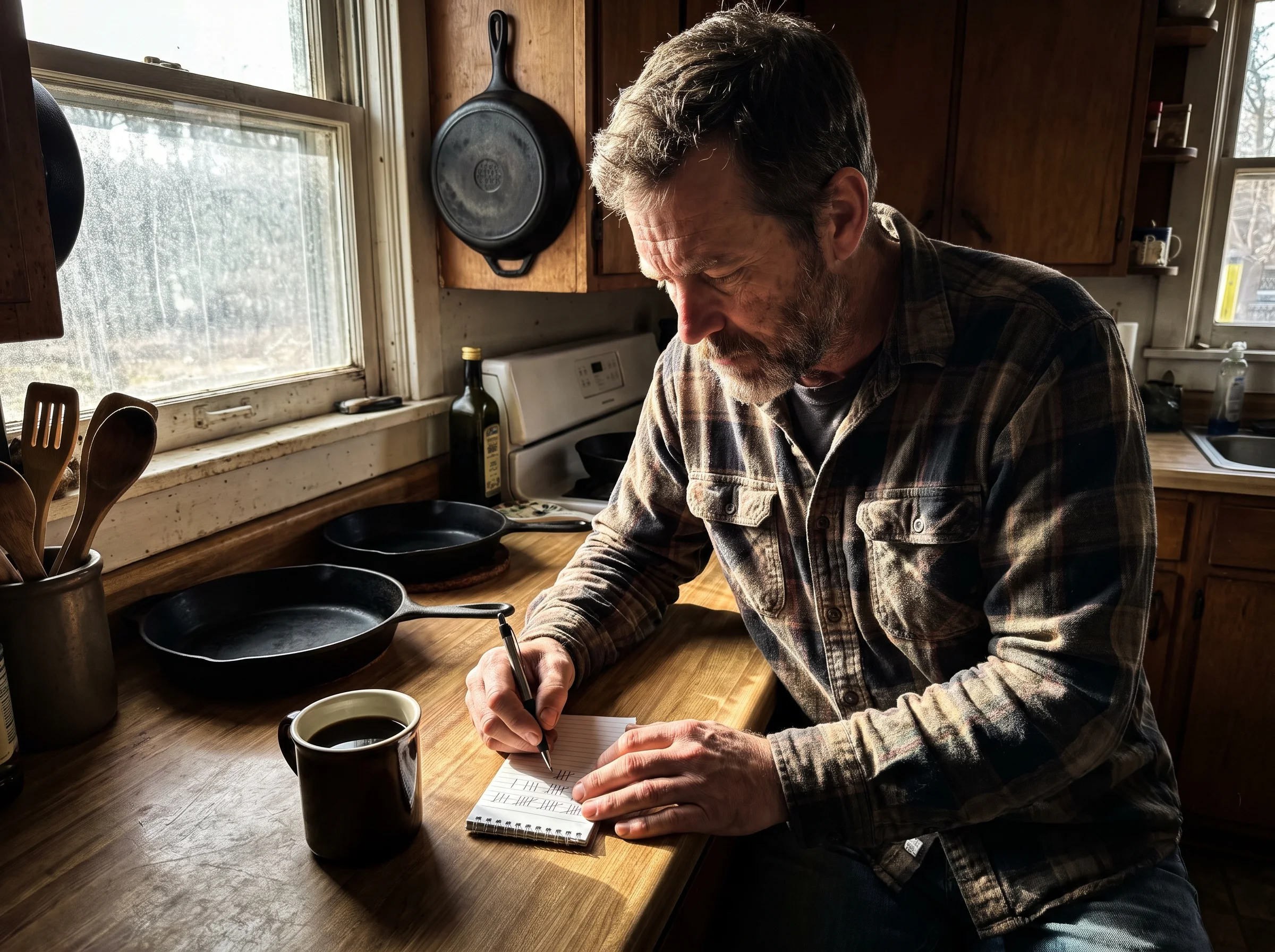 a man in his late 40s at a kitchen counter with a notepad and pen, writing tally marks, coffee cup beside him, morning light 