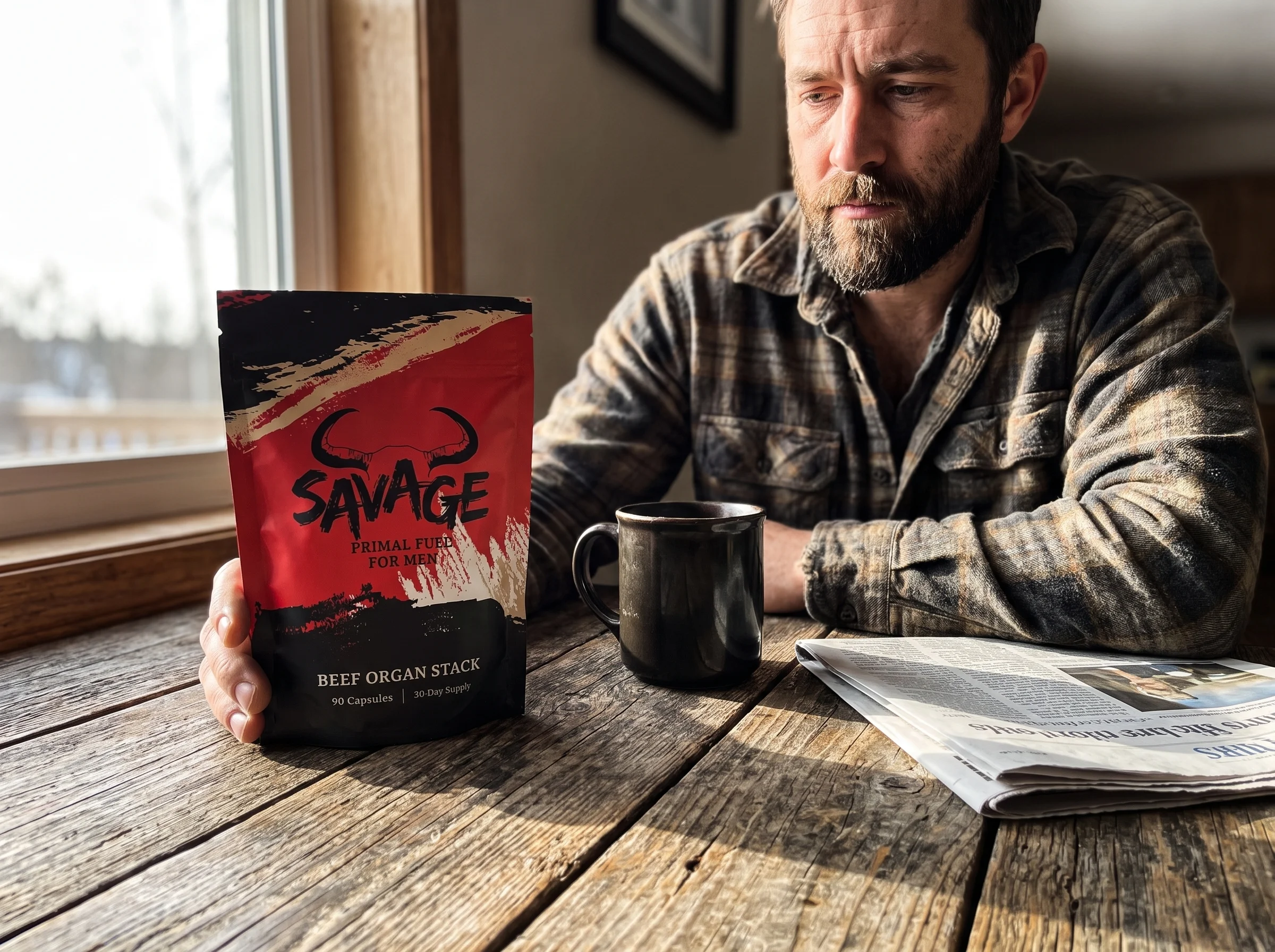 the Savage Beef Organ Stack pouch, a red and black stand-up pouch with a bull-horn logo, sitting on a rough wood table next t