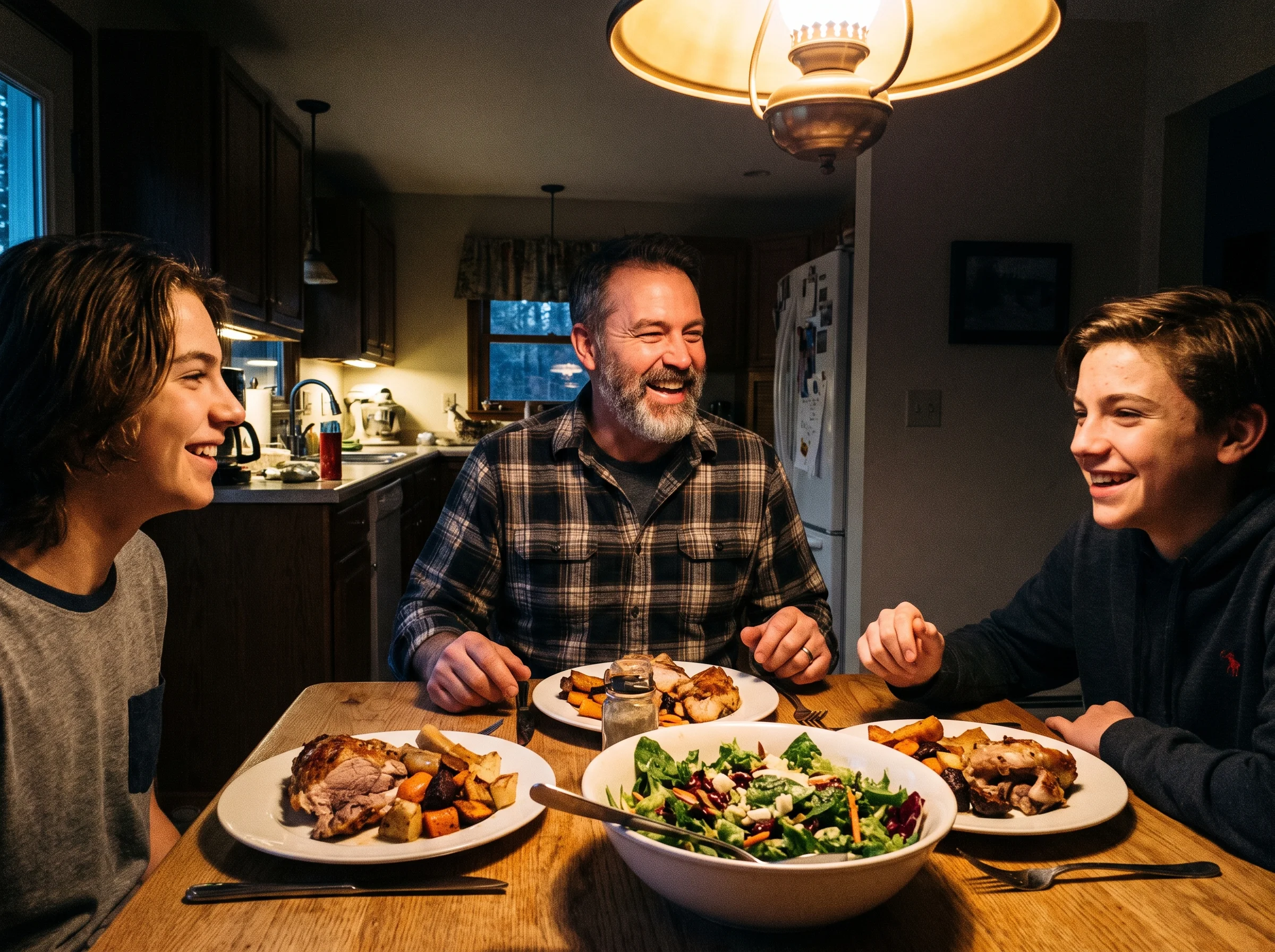 a man in his early 50s at a family dinner table at dusk, laughing with his teenage kids, plates of real food between them, wa