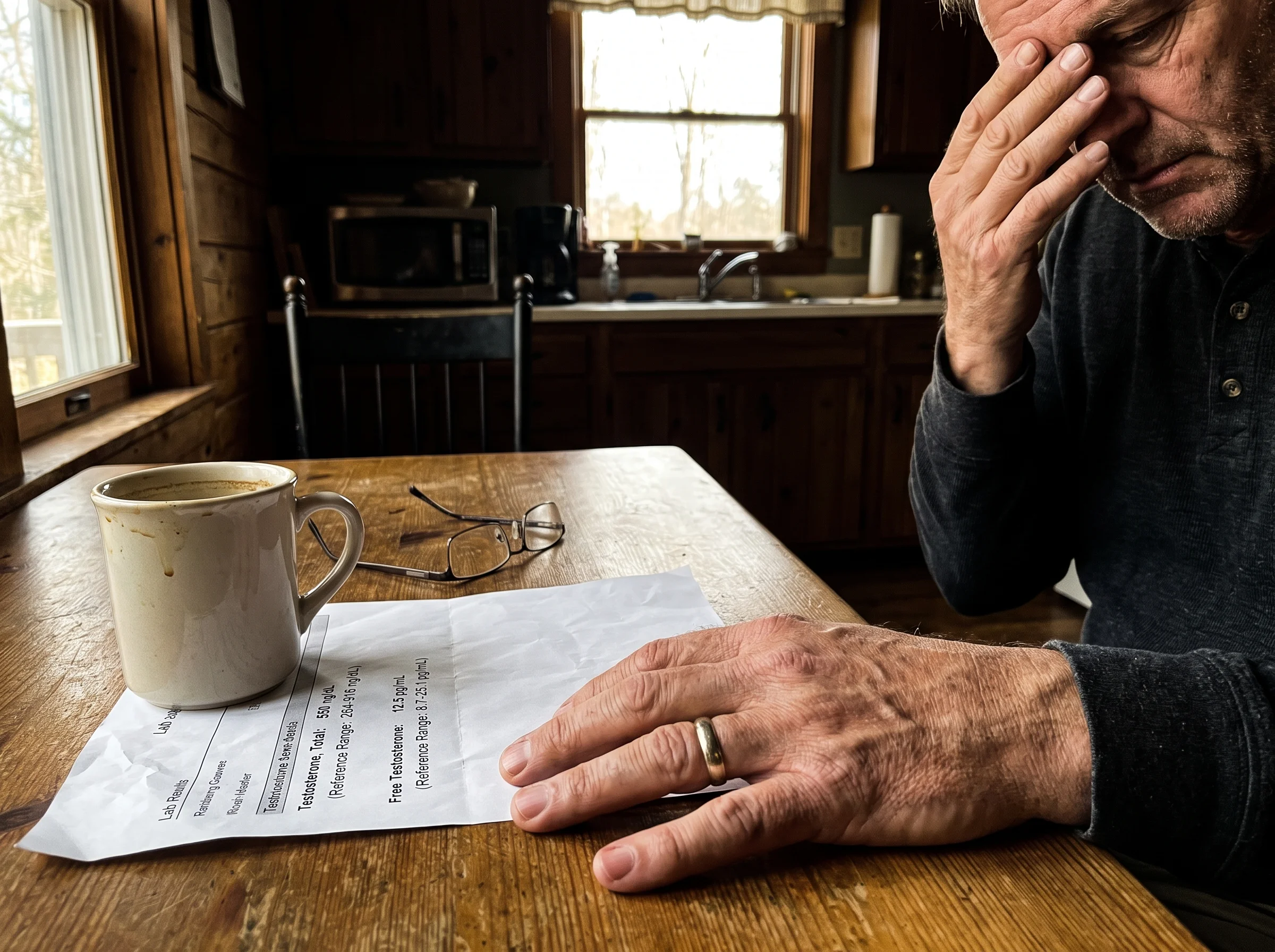 A lab results printout on a kitchen table next to a cold cup of coffee, a man's hand resting beside it, morning light. The pa