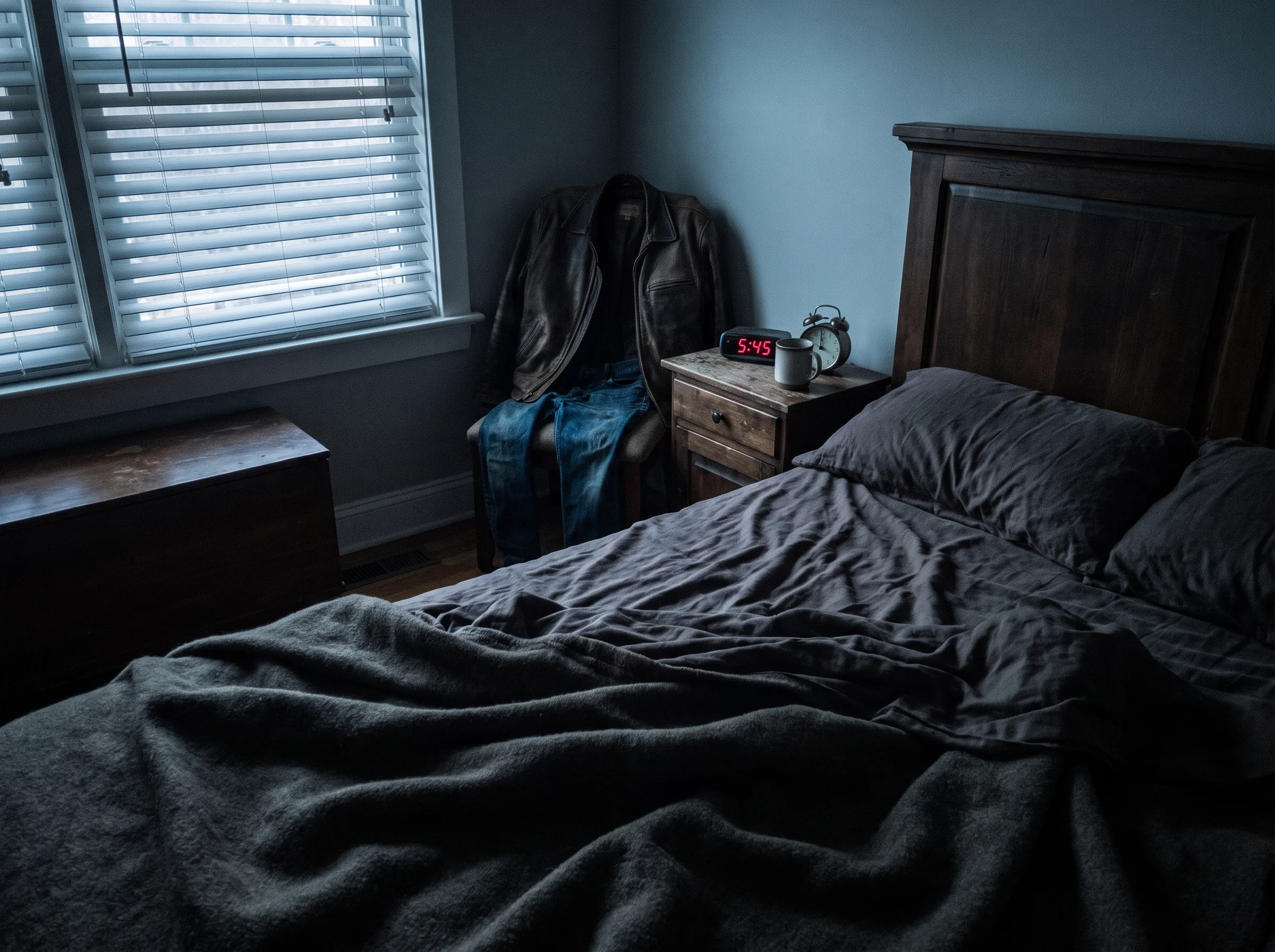 A dark, cool bedroom at 5:45am with soft window light coming through blinds, a plain alarm clock on a wooden nightstand, no p