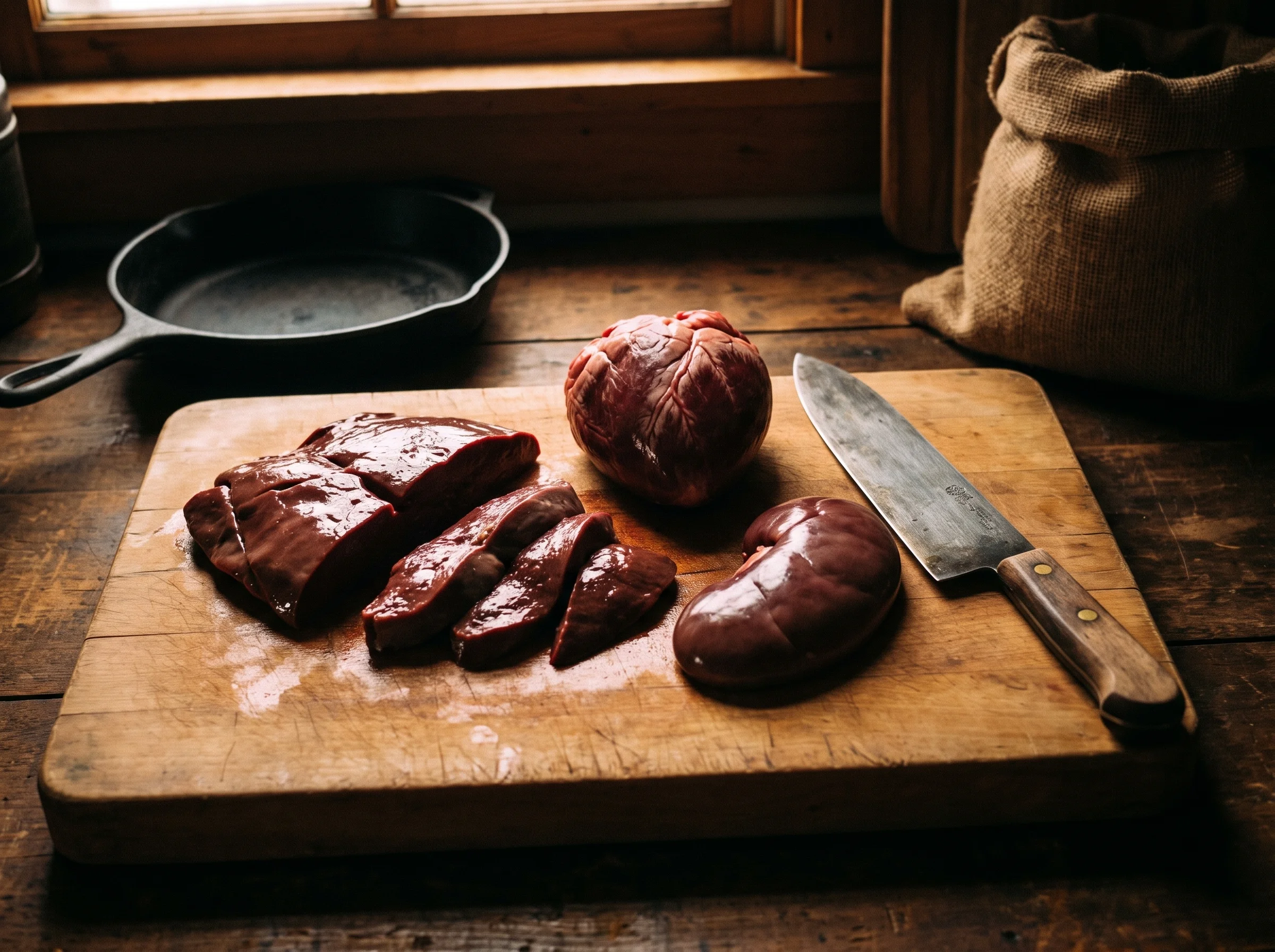 A rustic wooden cutting board with fresh, raw grass-fed beef liver, beef heart, and kidney arranged on it, a chef's knife bes