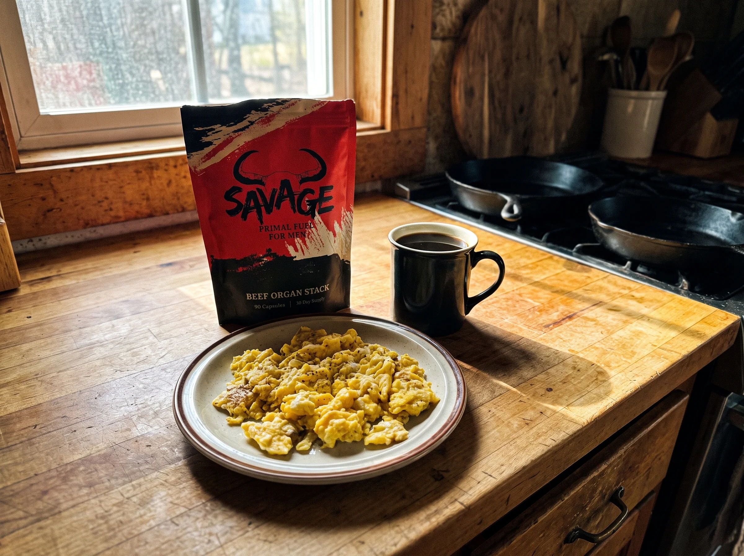 The Savage Beef Organ Stack pouch, a red and black stand-up pouch with a bull-horn logo, sitting on a wooden kitchen counter 