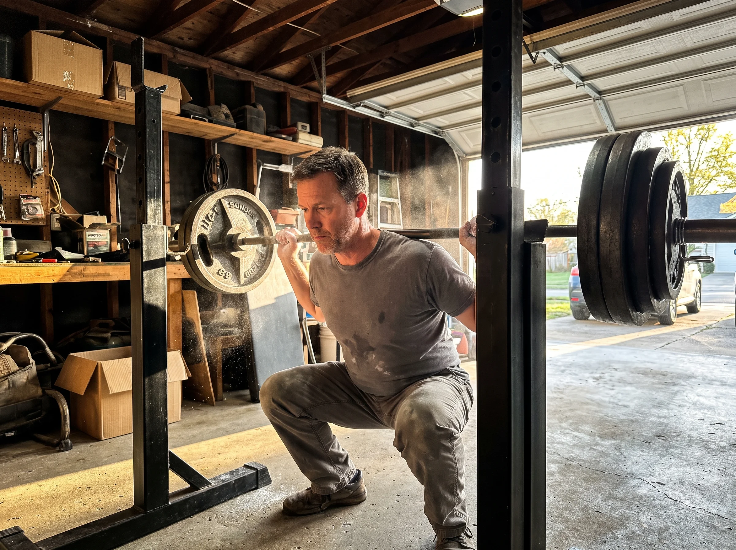 A man in his late 40s in a plain gray t-shirt setting up under a loaded barbell in a stripped-down home garage gym, chalk dus