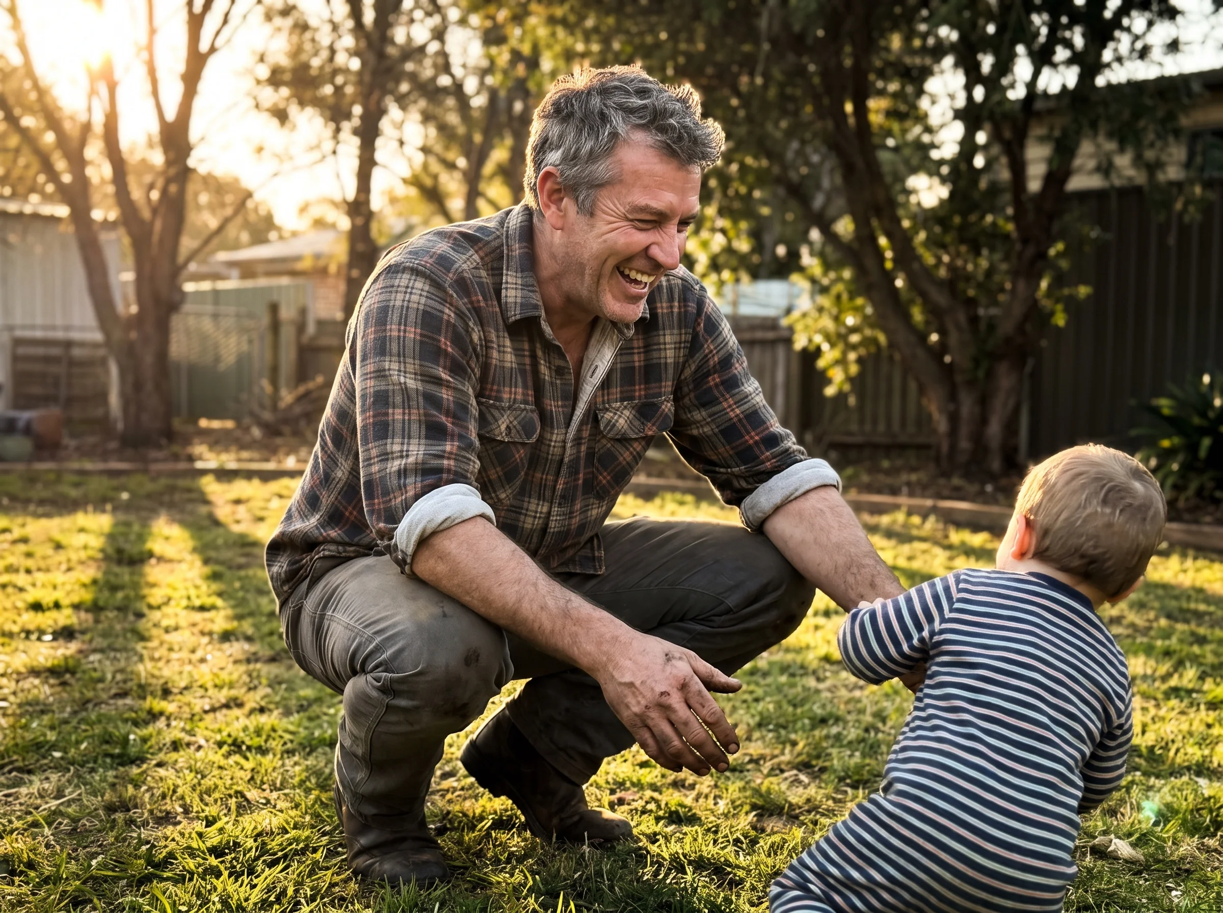 A man in his early 50s crouched down in the backyard at 6:30pm playing with his young kid, sleeves rolled up, real laughter, 