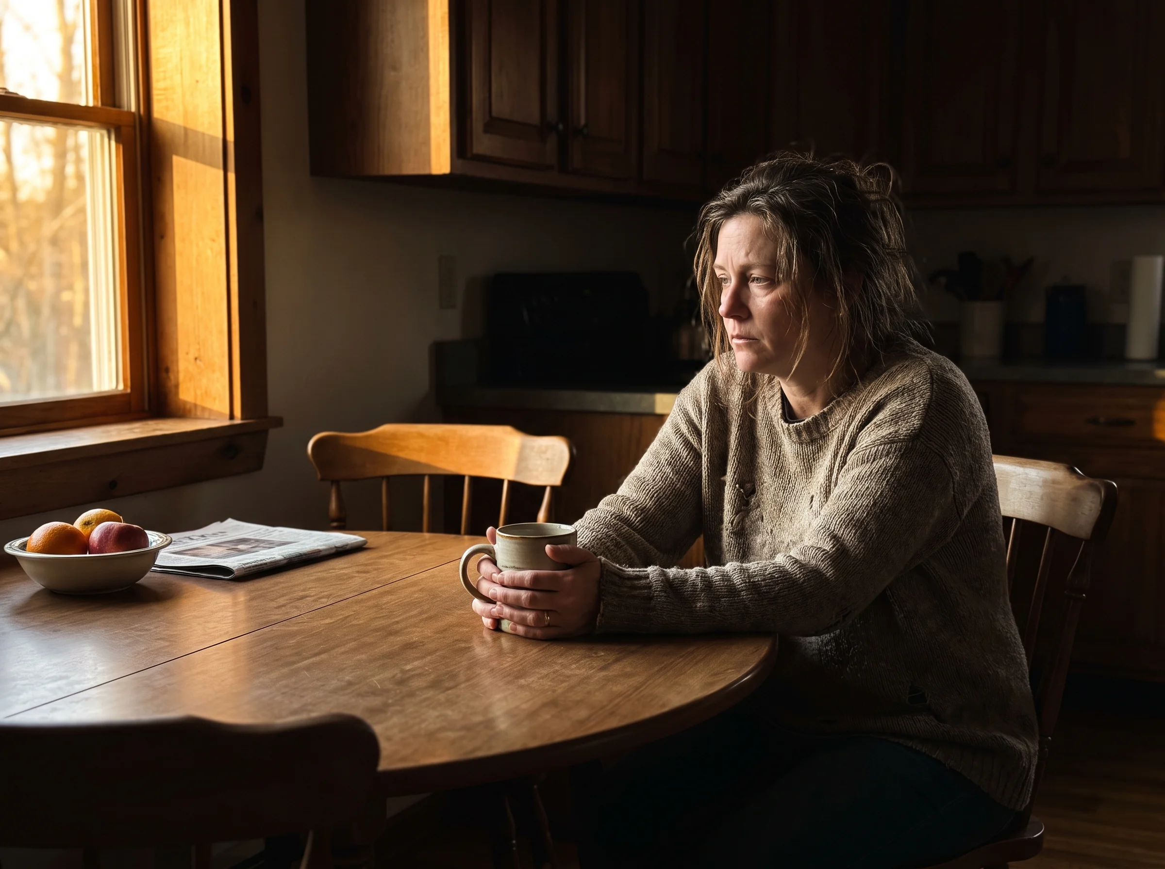 A woman in her late 40s sitting alone at the kitchen table in the early morning, coffee cup in both hands, staring at the emp