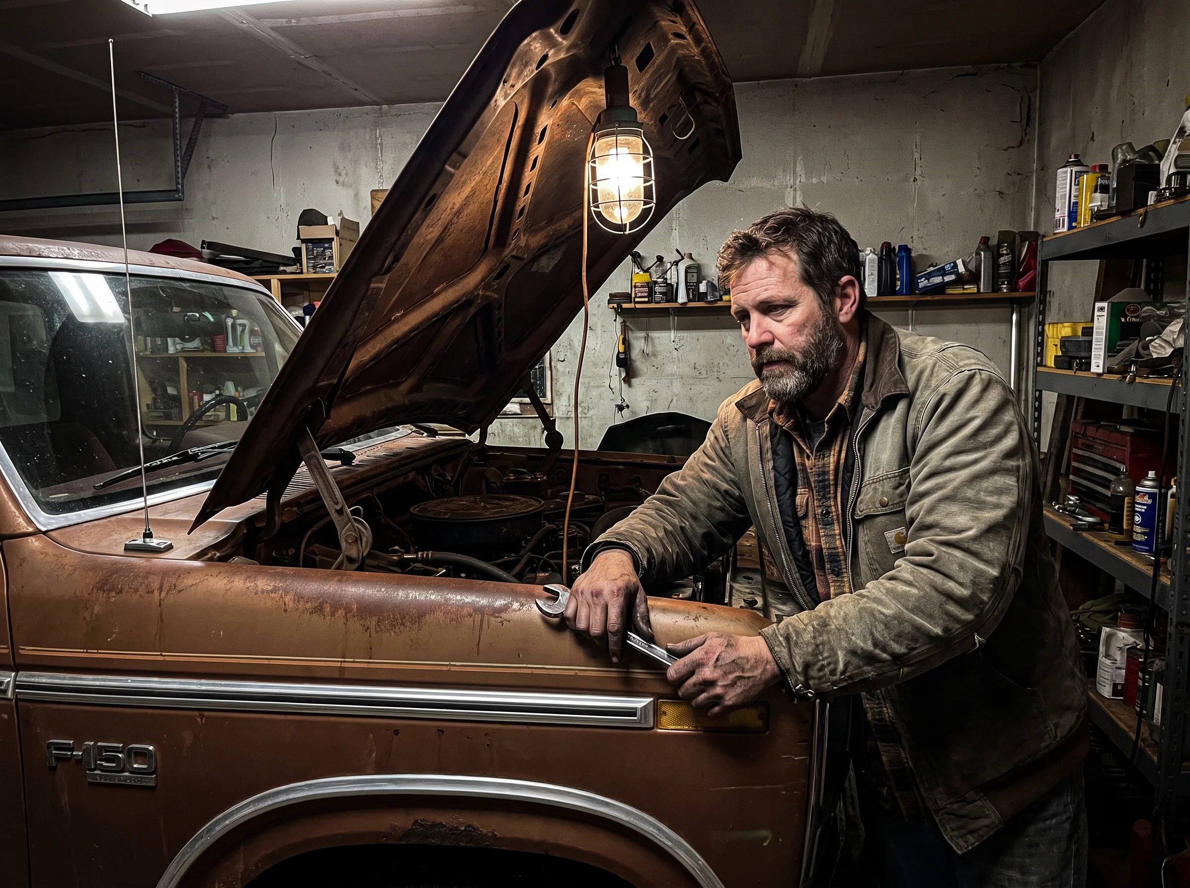 A middle-aged man leaning under the open hood of an older pickup truck in a home garage, work light hanging above, greasy han
