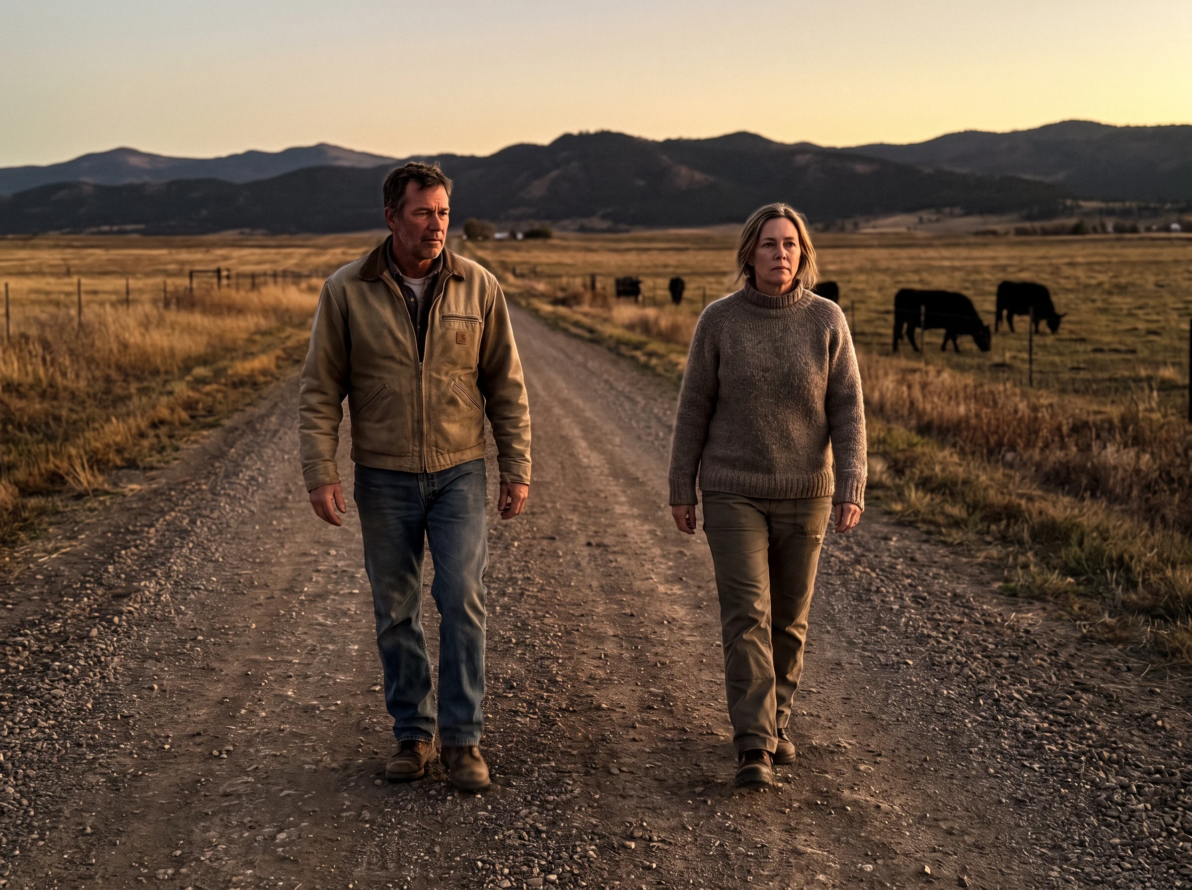 A husband and wife in their early 50s walking side by side on a gravel road at dusk, not holding hands, not talking, just wal