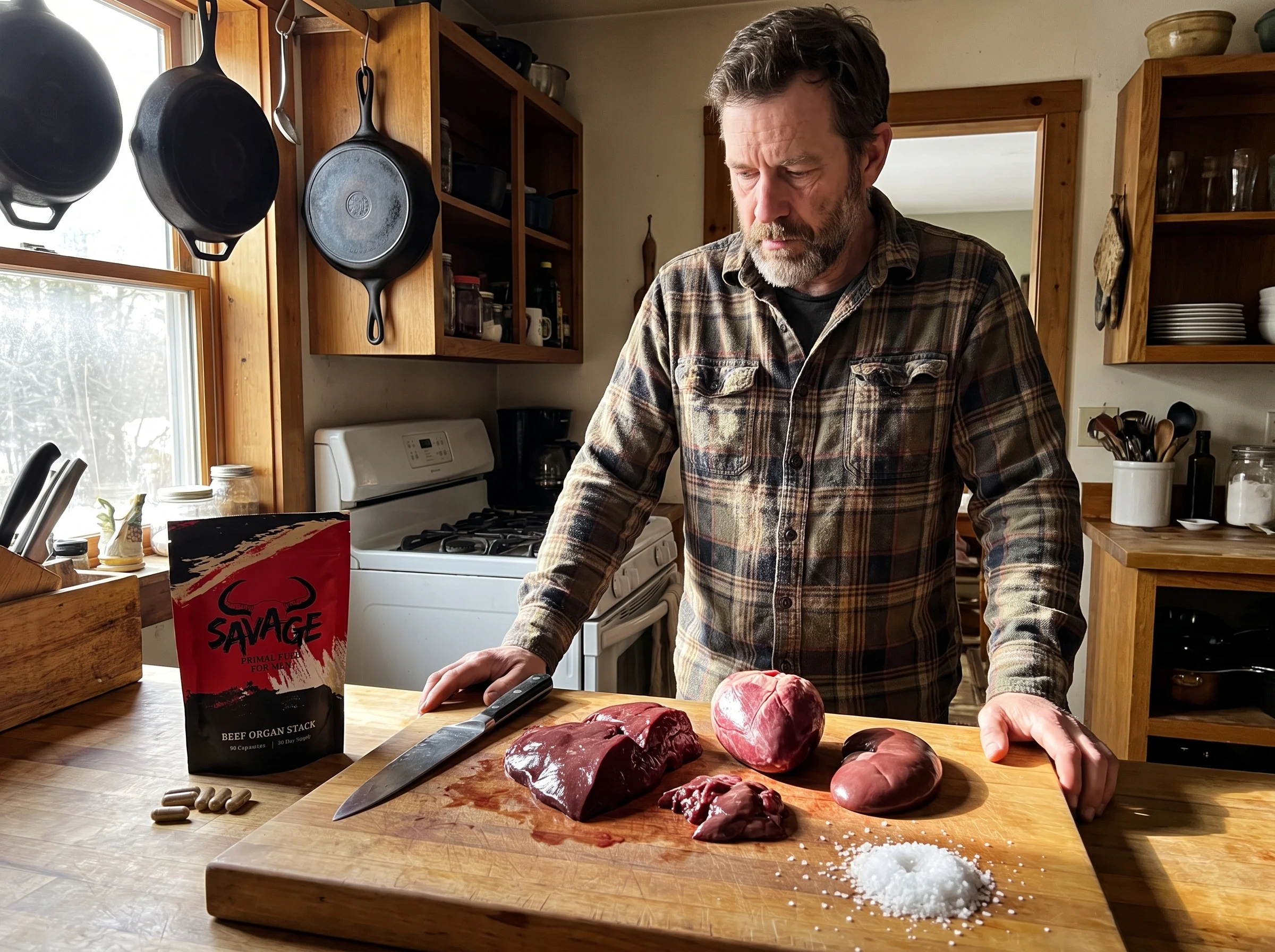 Raw grass-fed beef liver, heart, and kidney on a wooden butcher block in a home kitchen, coarse salt, a chef's knife, morning