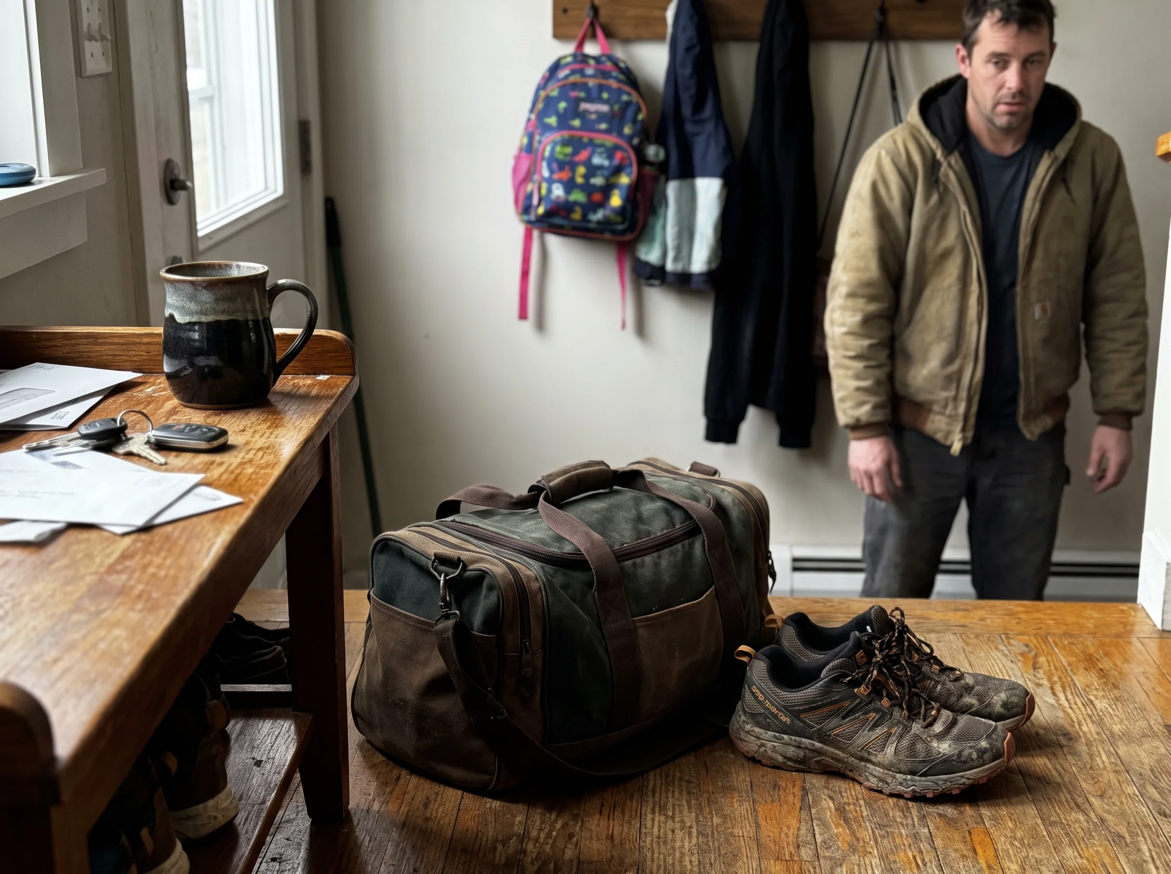 A gym bag sitting by the front door of a family home on a weekday morning, running shoes on top, coffee mug on the entry tabl