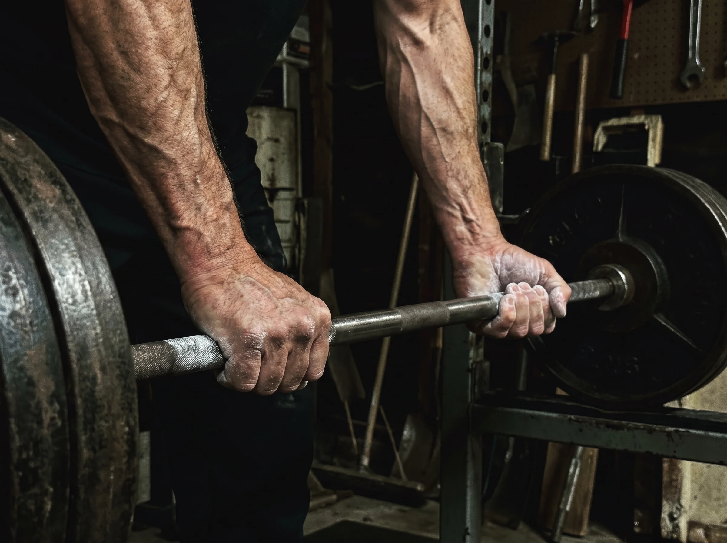 Close-up of a weathered 50-year-old man's hands gripping a loaded barbell in a dim garage gym, chalk on his palms, veins visi
