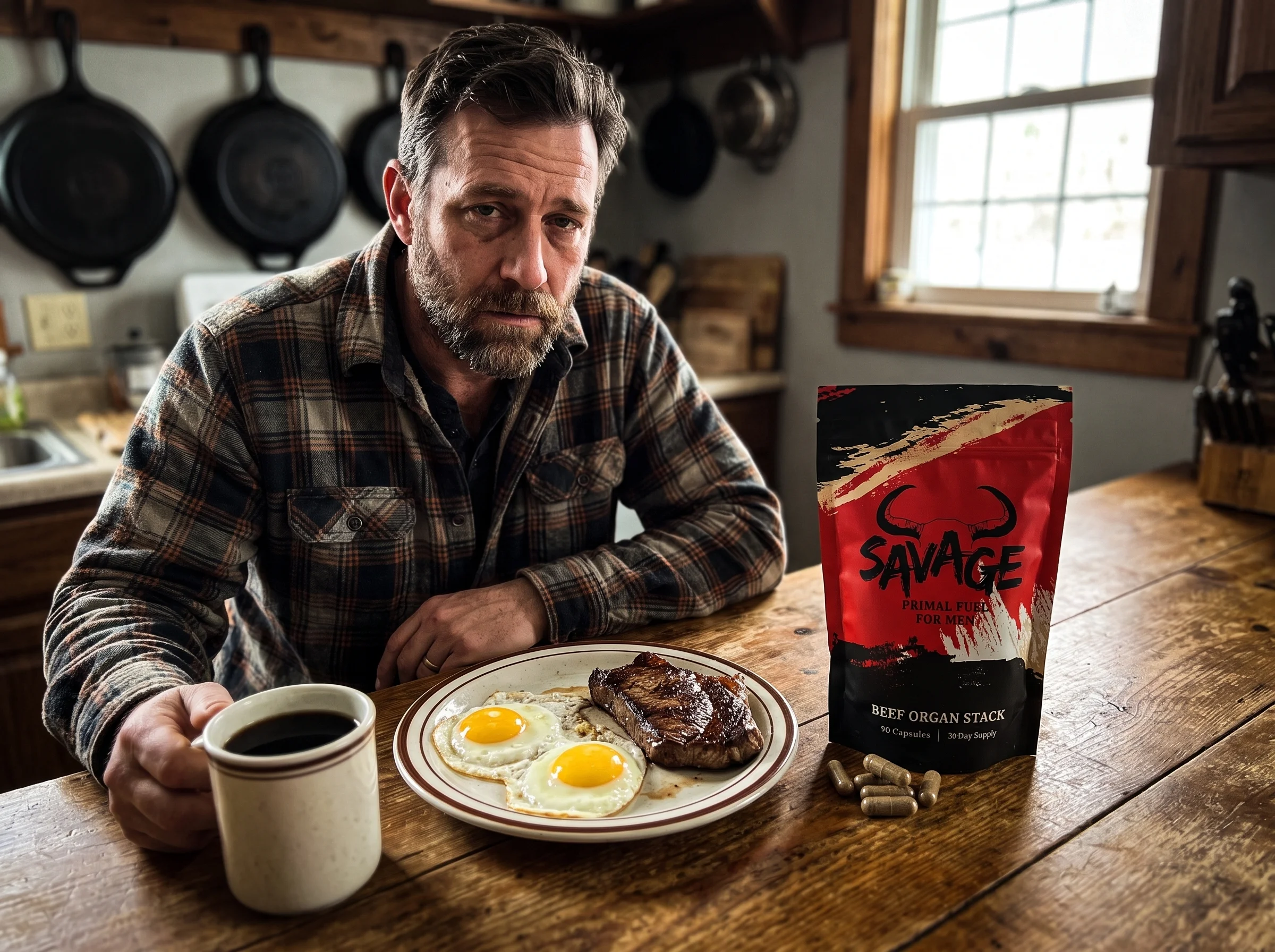 The Savage Beef Organ Stack pouch, a red and black stand-up pouch with a bull-horn logo, sitting on a wooden kitchen counter 