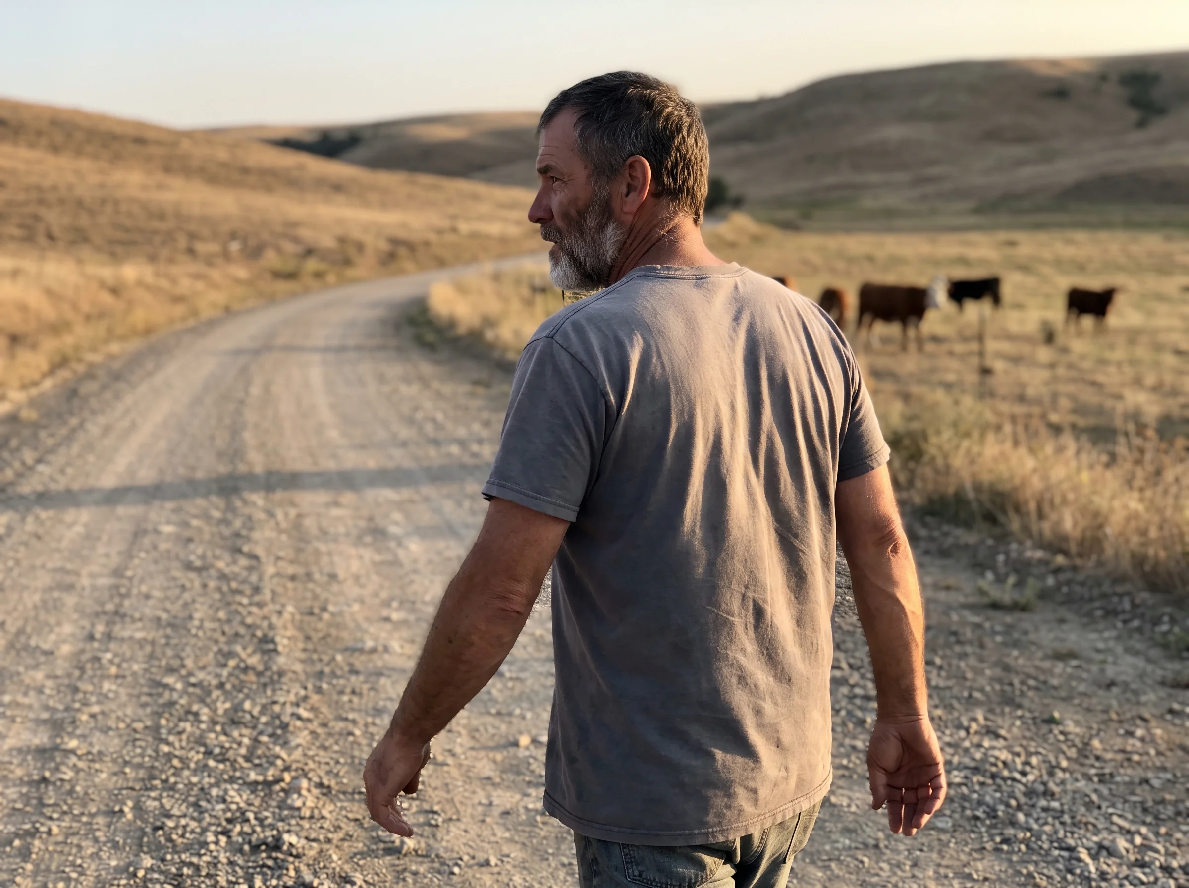 A 50-year-old man in a plain grey t-shirt walking a gravel trail at golden hour, no earbuds, arms swinging naturally, quiet c