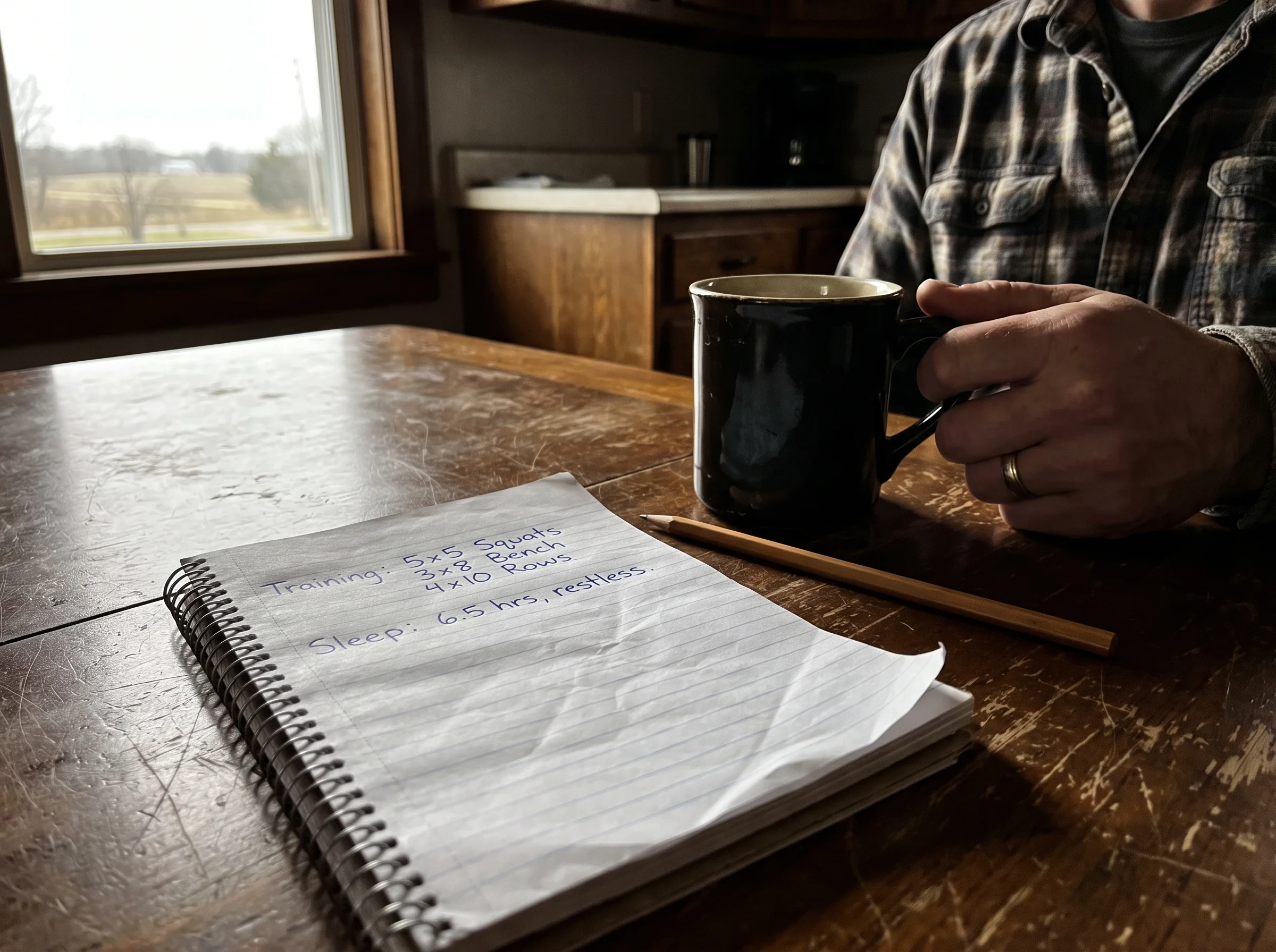 A cheap spiral notebook open on a kitchen table showing handwritten training numbers and sleep hours in blue pen, a black cof