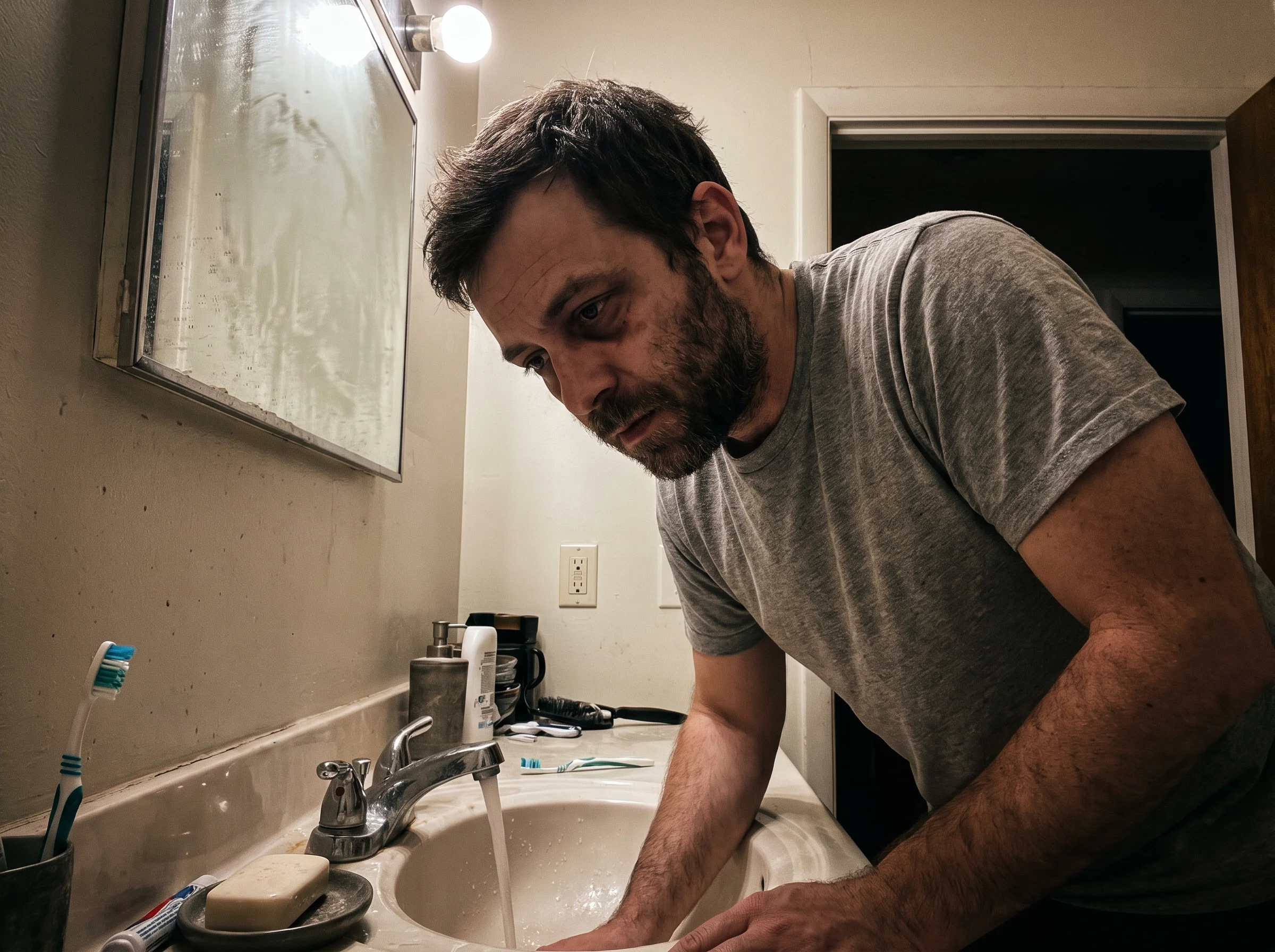 A tired man in his mid-30s standing at the bathroom sink at 6am in a plain t-shirt, looking down at the water running, not at