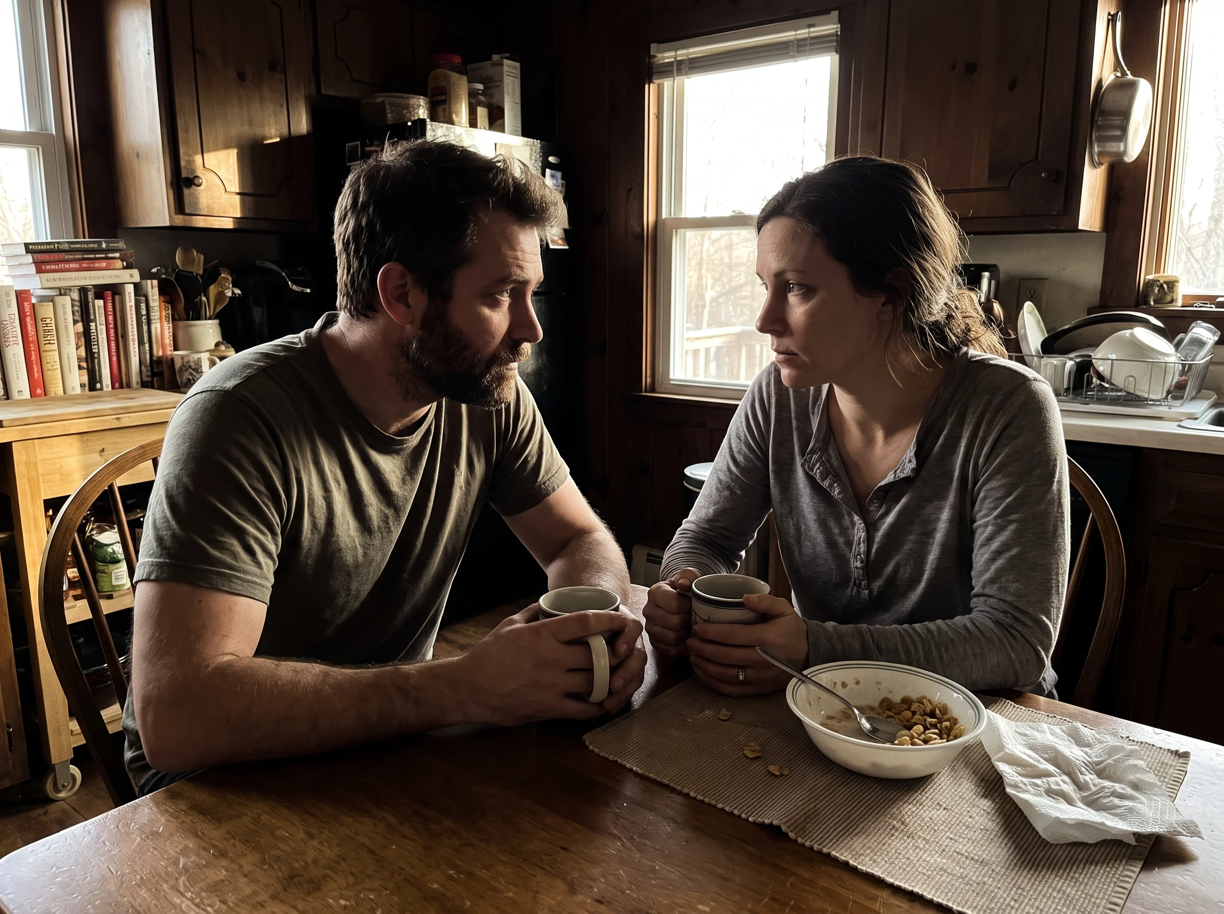 A husband and wife in their 30s at the kitchen table with coffee mugs, morning light, having a serious quiet conversation. Ki