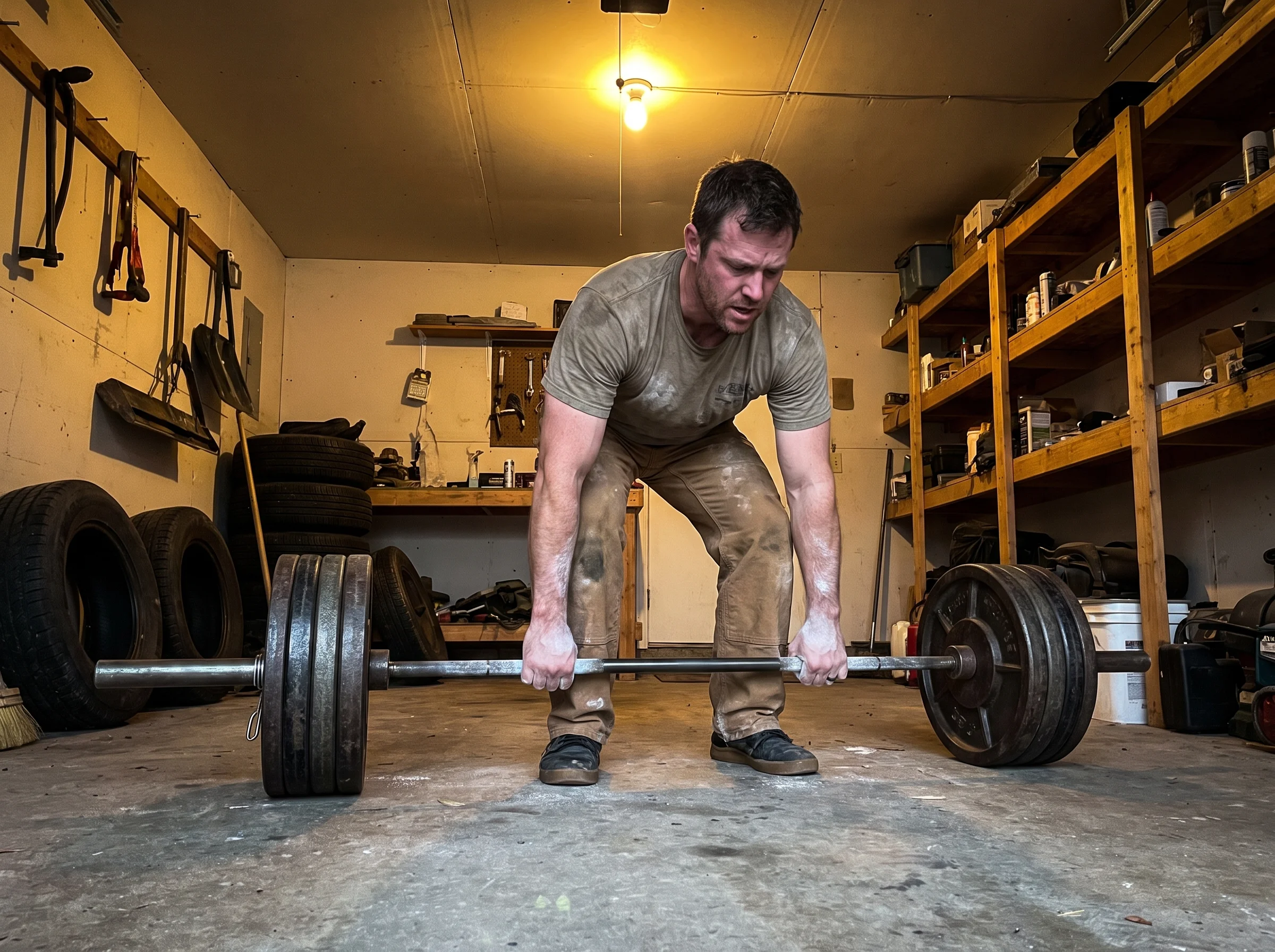 A man in his mid-30s in a home garage gym, chalk on his hands, mid-set setup at a barbell loaded with plates. Concrete floor,