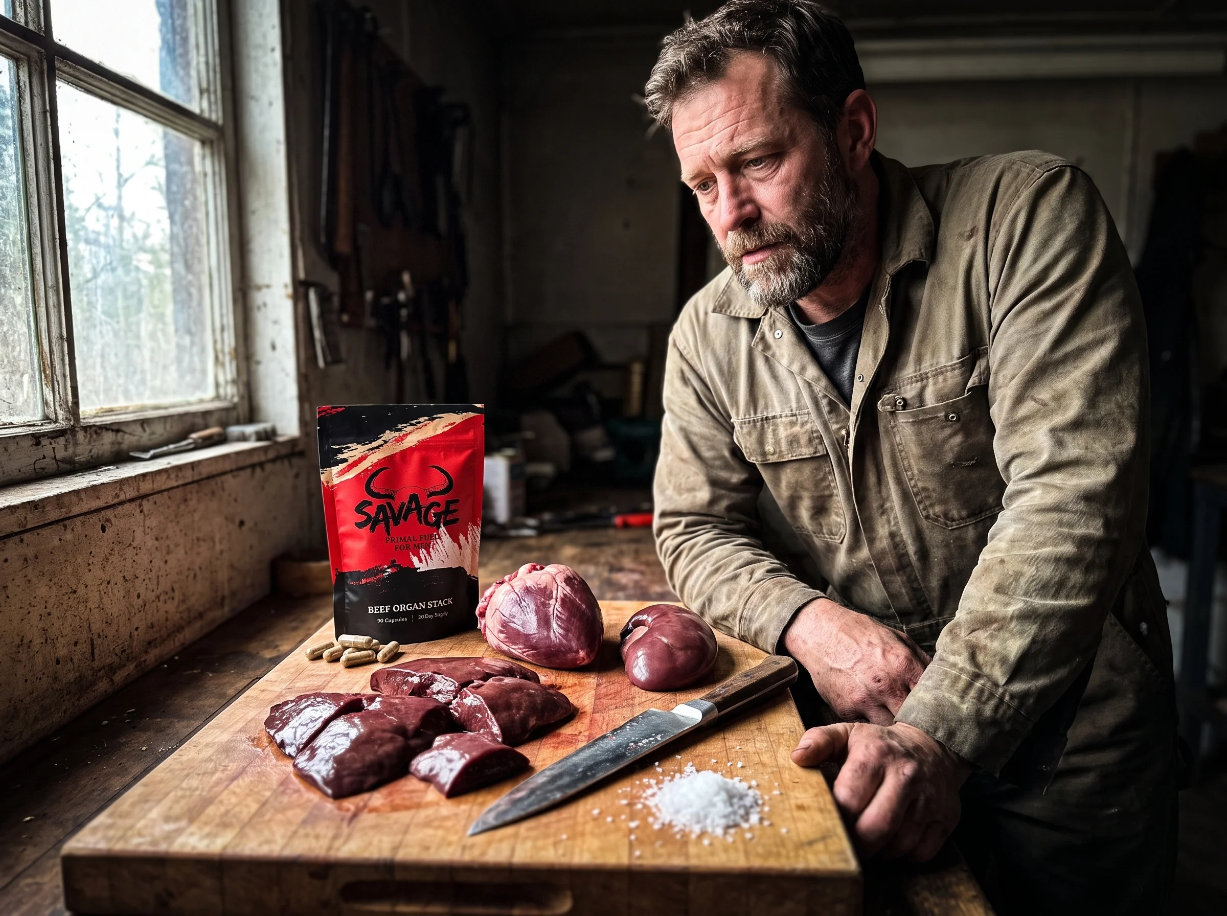 Raw grass-fed beef liver, heart, and kidney arranged on a wooden butcher block with a sharp knife and coarse salt. Natural wi