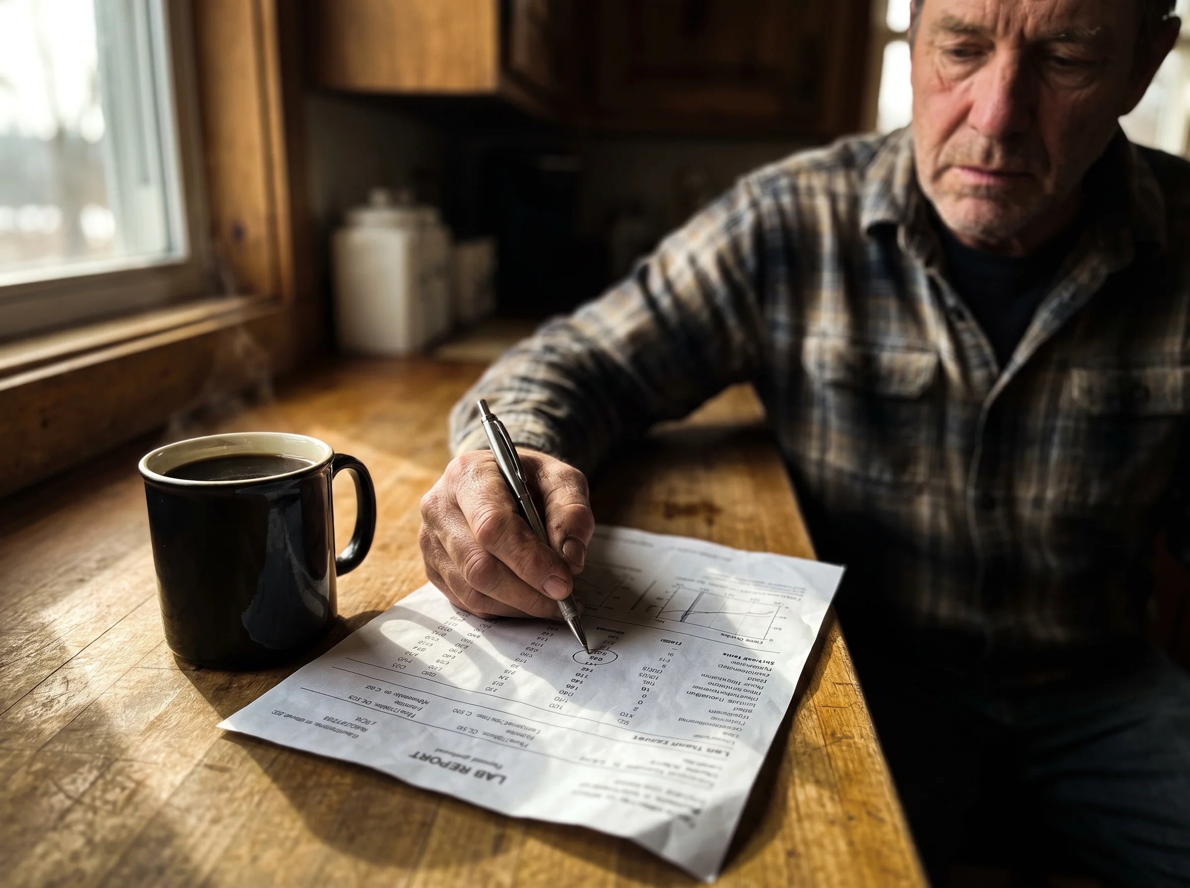 A close-up of a paper lab report on a kitchen counter next to a black coffee, a man's hand holding a pen circling a number. M
