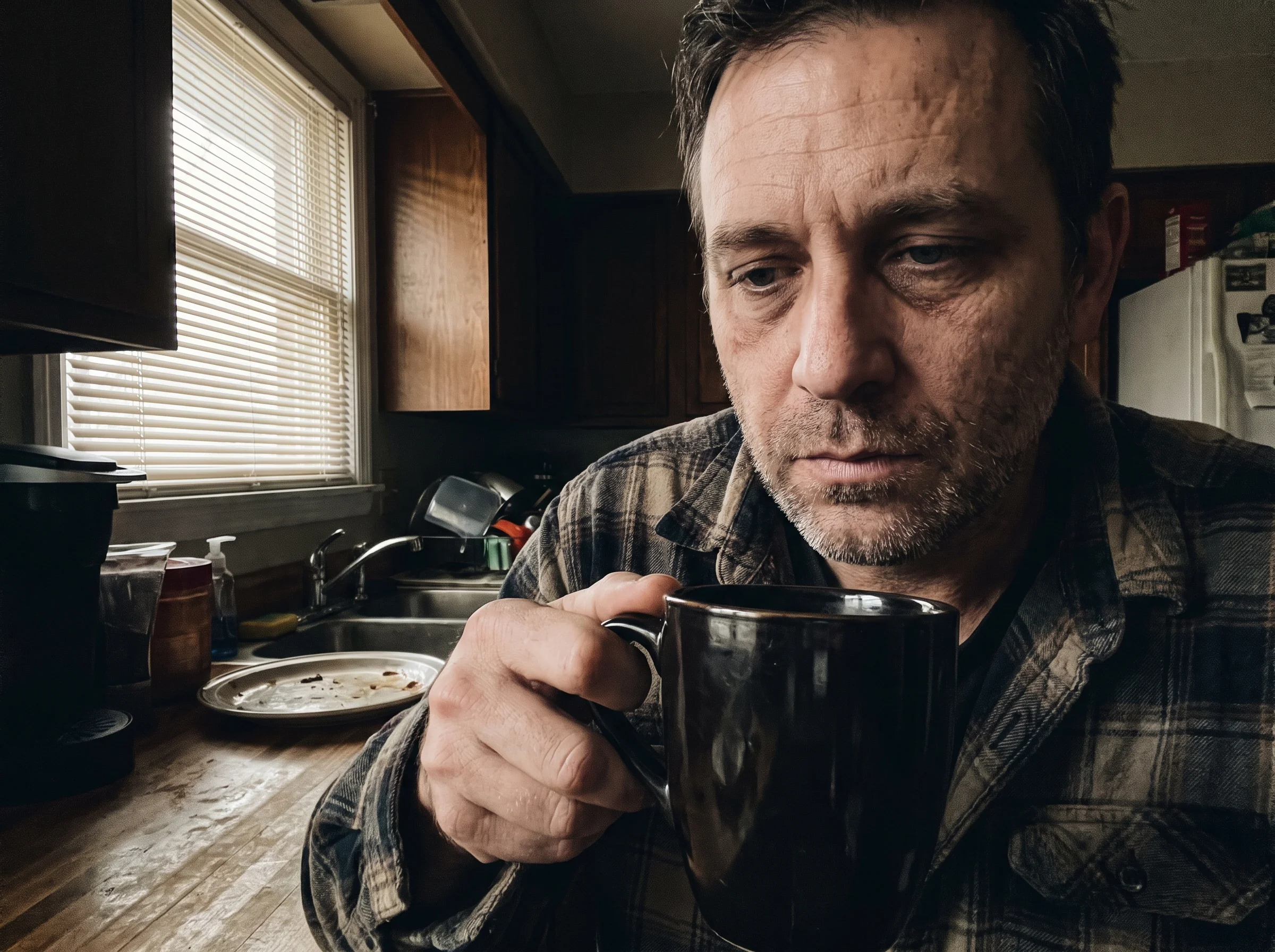 A close-up of a man's tired face at 6am in his kitchen, holding a large mug of black coffee, morning light coming through the